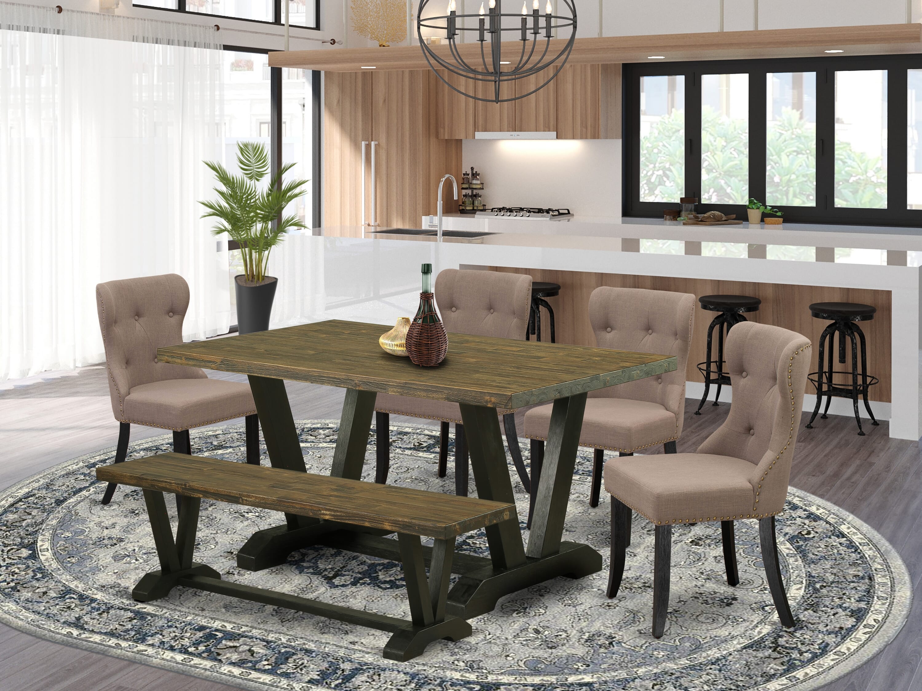 East West Furniture 6-Piece Kitchen Dining Room Set- 4 kitchen chairs with Coffee Linen Fabric Seat and Button Tufted Chair Back - Rectangular top & Wooden Legs Wood Kitchen Table and Dining Bench � Distressed Jacobean and Wire Brushed Black Finish