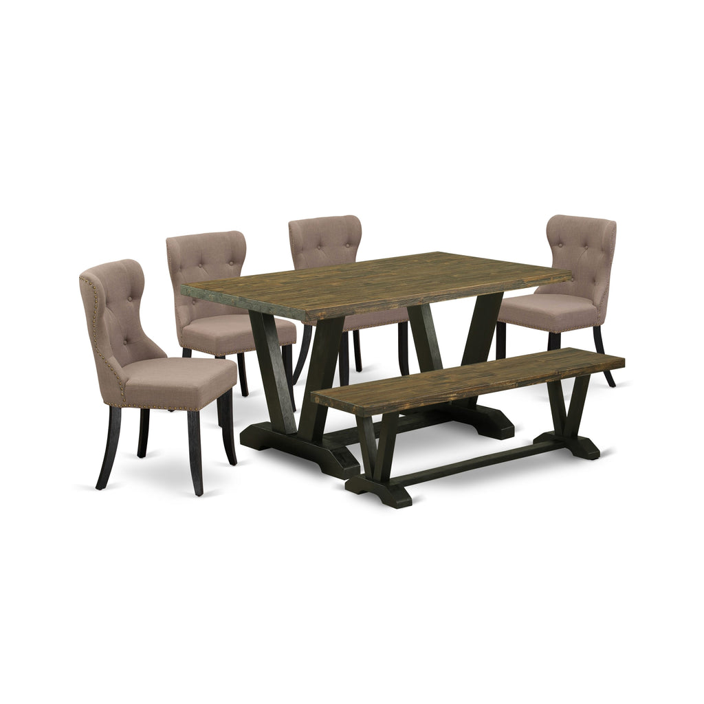 East West Furniture 6-Piece Kitchen Dining Room Set- 4 kitchen chairs with Coffee Linen Fabric Seat and Button Tufted Chair Back - Rectangular top & Wooden Legs Wood Kitchen Table and Dining Bench â€“ Distressed Jacobean and Wire Brushed Black Finish