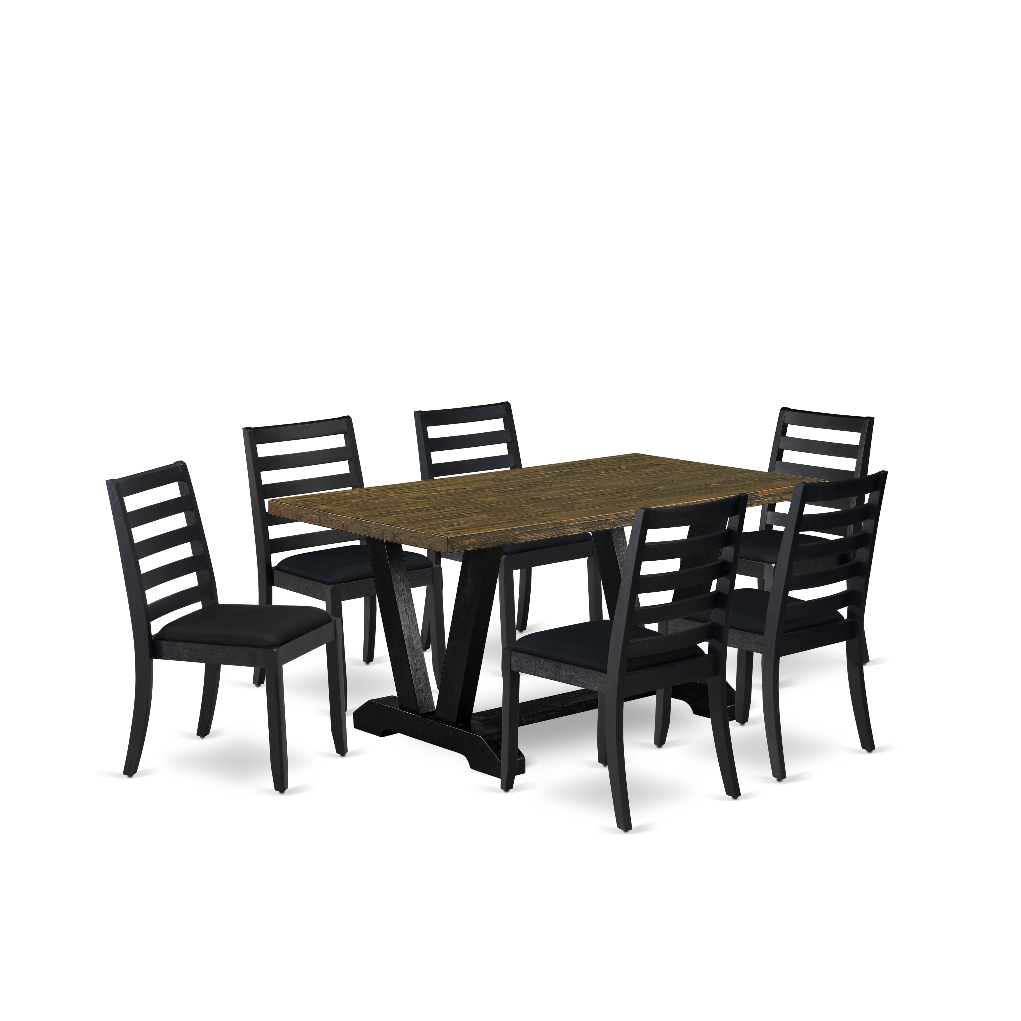 V676X1624-7 - 7-pc dining table set - a dining room table & 6 stackable chairs with Black Linen Fabric - Wire-brushed Black