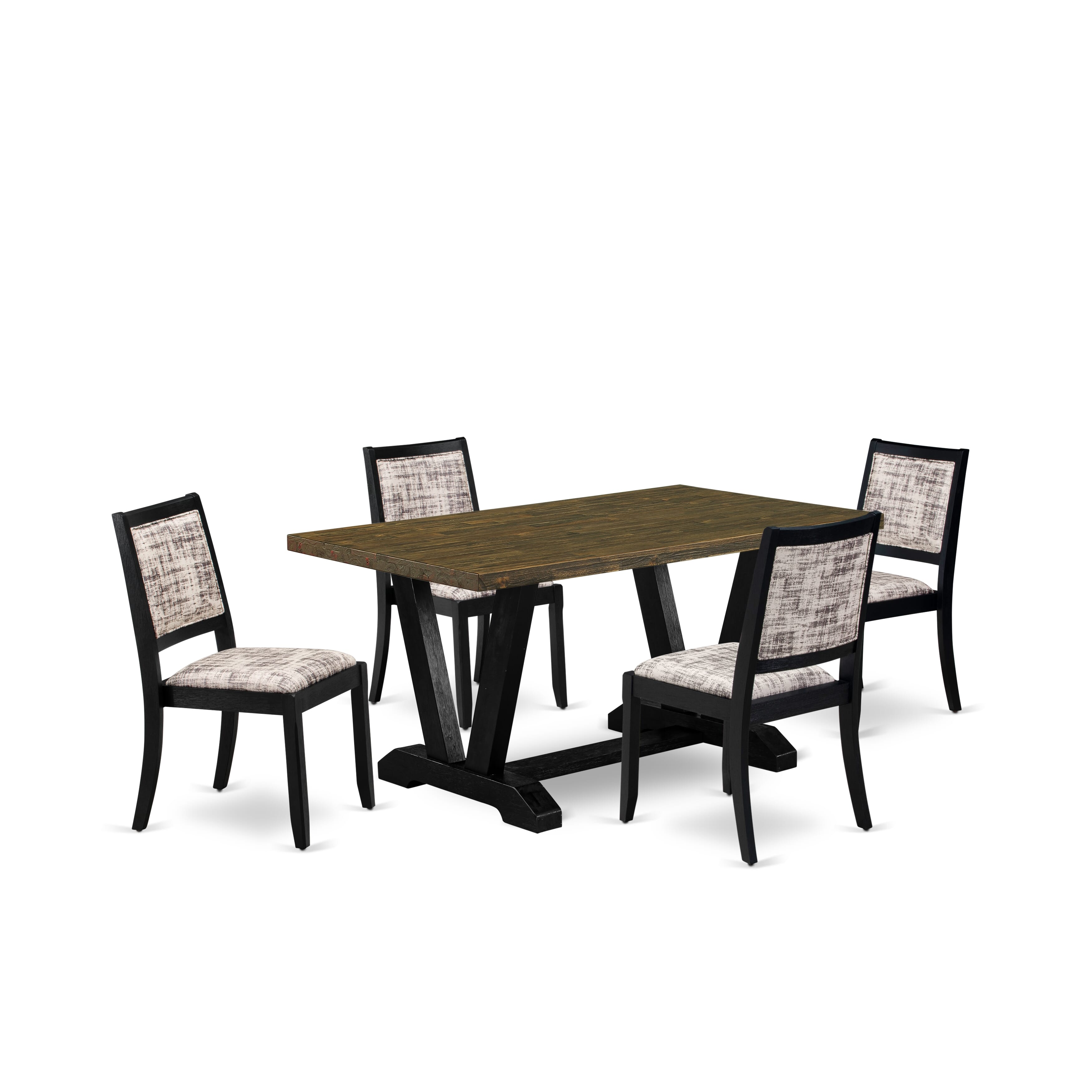 V676X2630-5 - 5-pc kitchen set - a wooden table & 4 stackable chairs with White & Gray Pattern Faux Leather Fabric - Wire-brushed Black