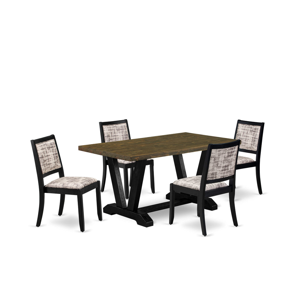 East West Furniture V676X2630-5 - 5-piece kitchen set consists of a wooden table with Distressed Jacobean top and 4 stackable chairs with White and Gray Pattern Faux Leather - Wire-brushed Black
