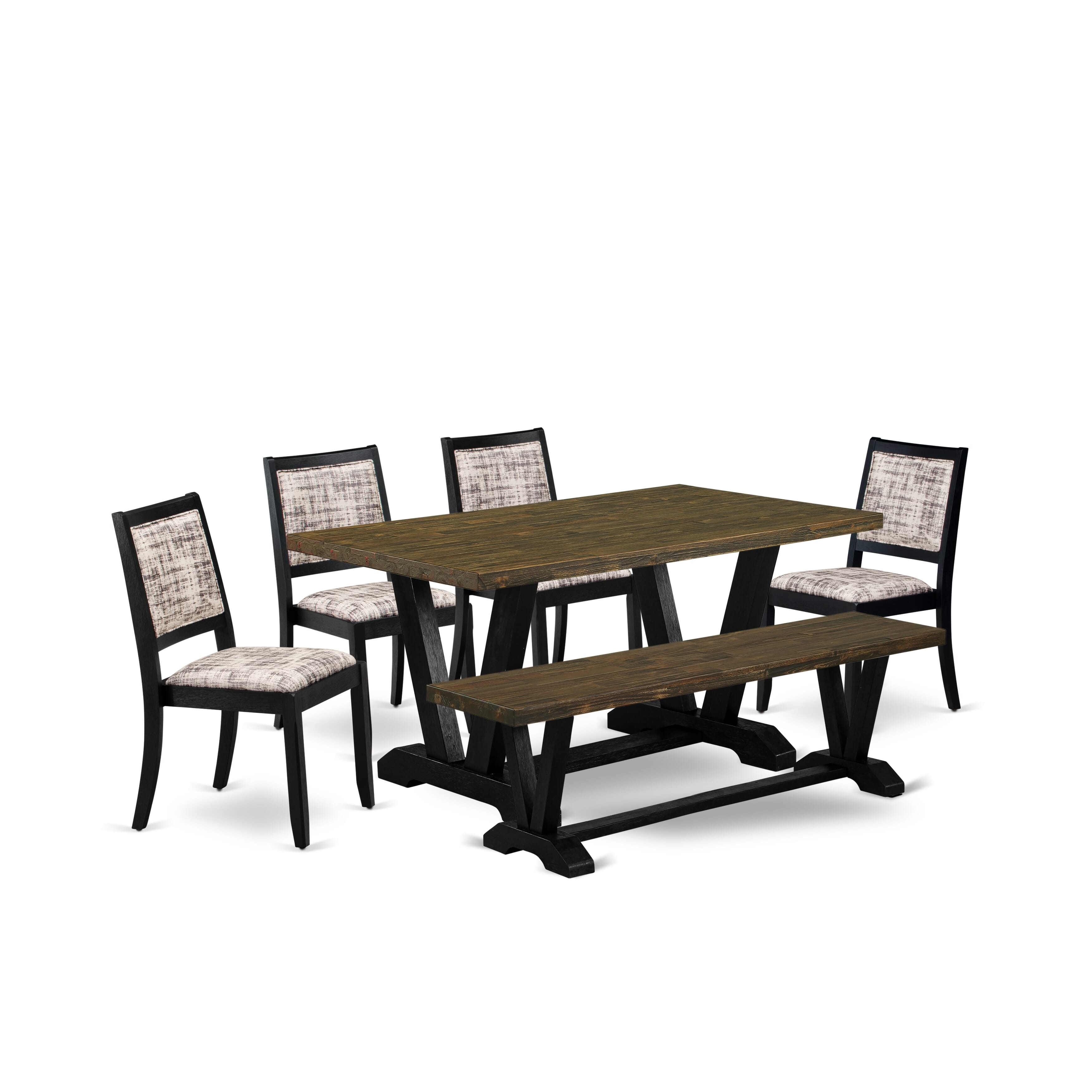 V676X2630-6 - 6-pc dining set - a table, a Bench & 4 stackable chairs with White & Gray Pattern Faux Leather Fabric - Wire-brushed Black