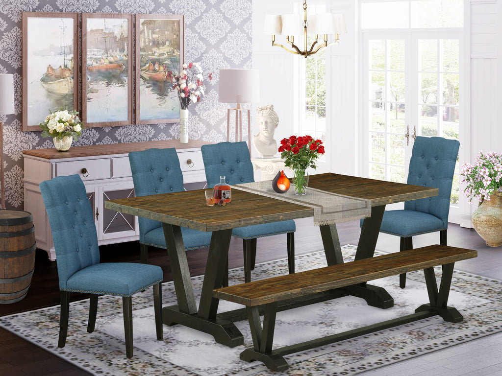 East West Furniture V677EL121-6 6-Piece Dining Table Set with Dining Table and Indoor Bench - 4 Linen Fabric Dining Chairs (Wire Brushed Black Finish)