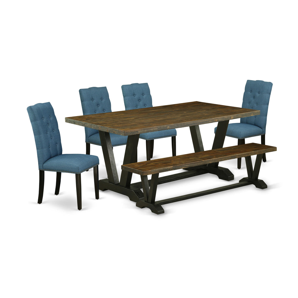 East West Furniture V677EL121-6 6-Piece Dining Table Set with Dining Table and Indoor Bench - 4 Linen Fabric Dining Chairs (Wire Brushed Black Finish)