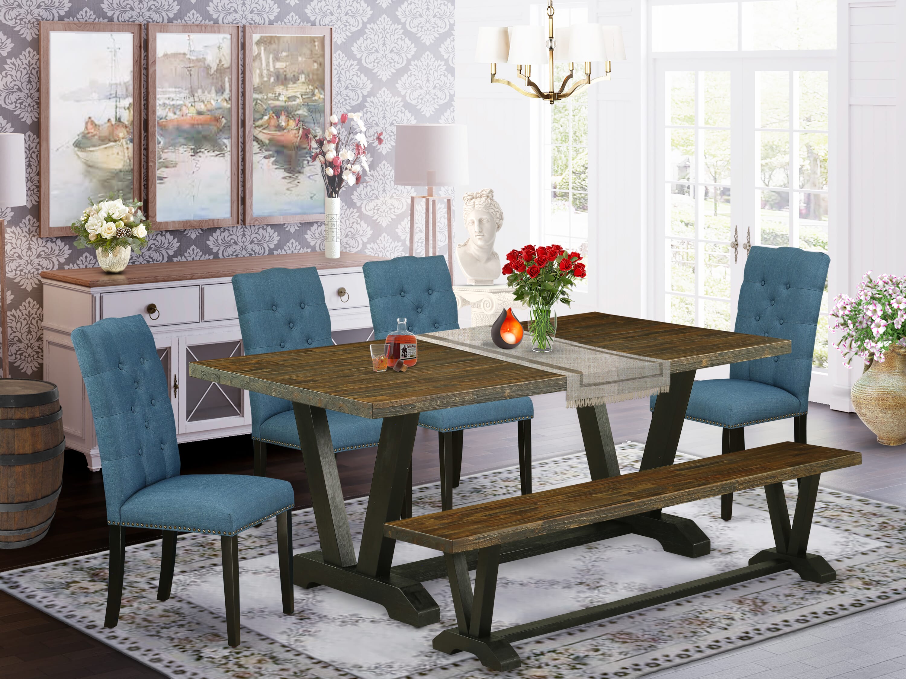East West Furniture V677EL121-6 6-Piece Dining Table Set with Dining Table and Indoor Bench - 4 Linen Fabric Dining Chairs (Wire Brushed Black Finish)
