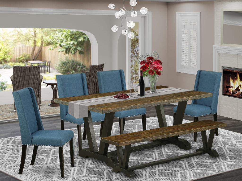 East West Furniture V677FL121-6 6-Piece Dining Room Table Set with Dining Table and Dining Bench - 4 Linen Fabric Parson Chairs (Wire Brushed Black Finish)