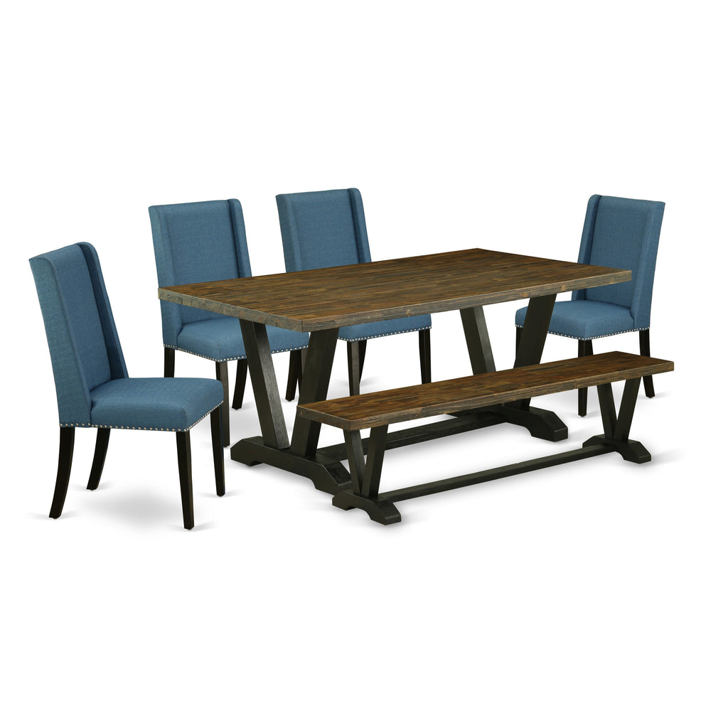 East West Furniture V677FL121-6 6-Piece Dining Room Table Set with Dining Table and Dining Bench - 4 Linen Fabric Parson Chairs (Wire Brushed Black Finish)