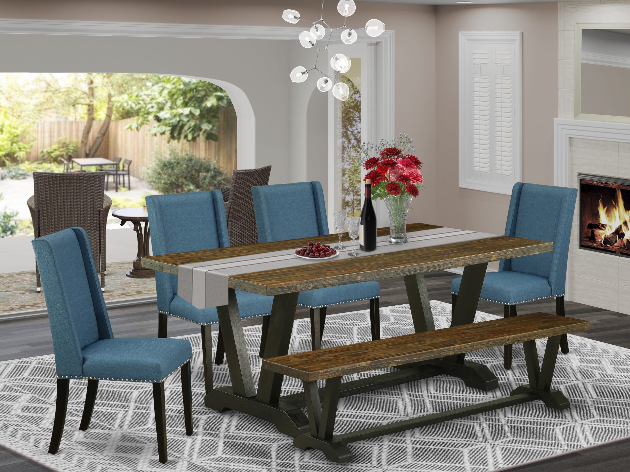 East West Furniture V677FL121-6 6-Piece Dining Room Table Set with Dining Table and Dining Bench - 4 Linen Fabric Parson Chairs (Wire Brushed Black Finish)
