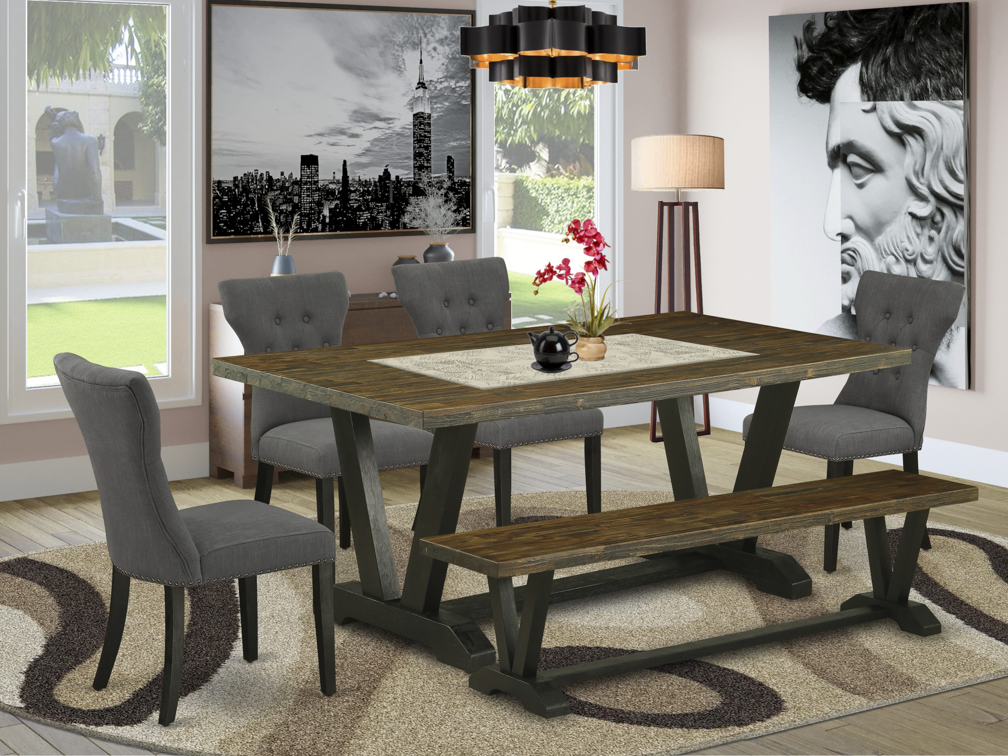 East West Furniture V677GA650-6 6-Piece Modern Dining Table Set-Dark Gotham Grey Linen Fabric Seat and Button Tufted Chair Back Upholstered Dining chairs