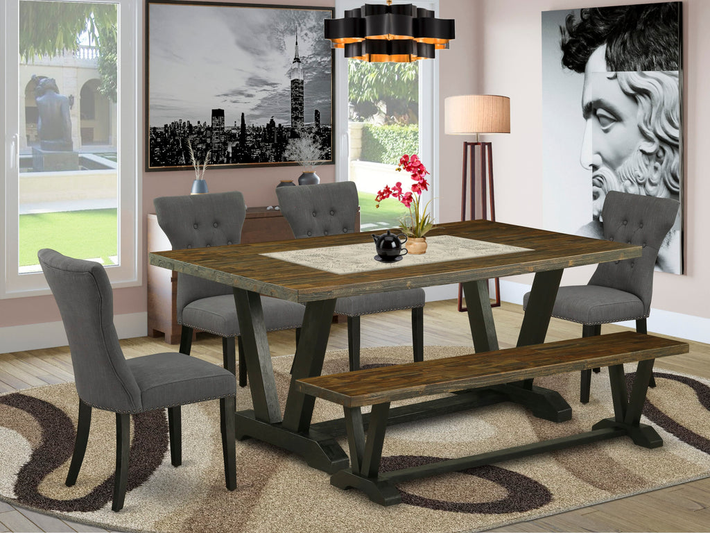 East West Furniture V677GA650-6 6-Piece Modern Dining Table Set-Dark Gotham Grey Linen Fabric Seat and Button Tufted Chair Back Upholstered Dining chairs