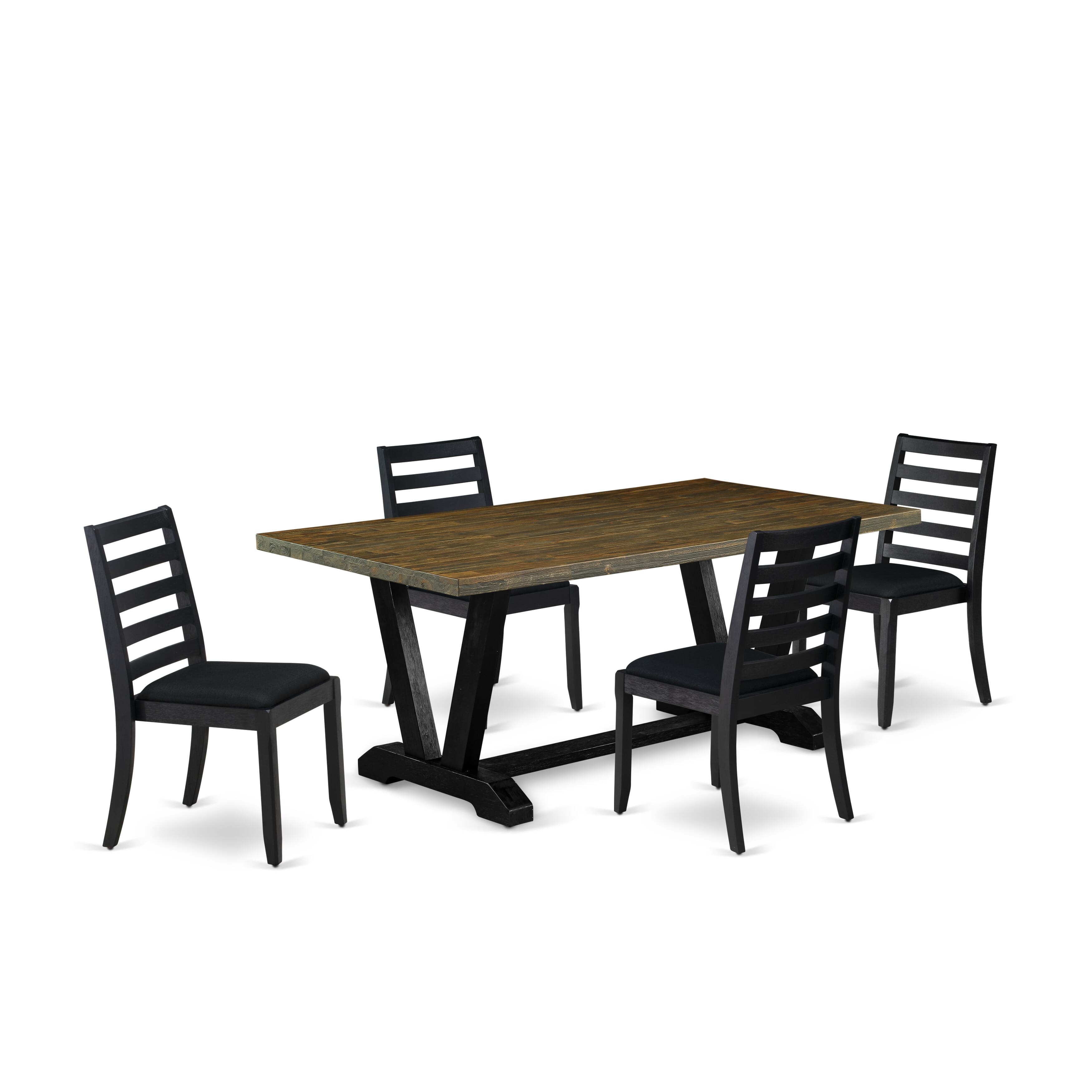V677X1624-5 - 5-pc dining room set - a wooden table & 4 stackable chairs with Black Linen Fabric - Wire-brushed Black