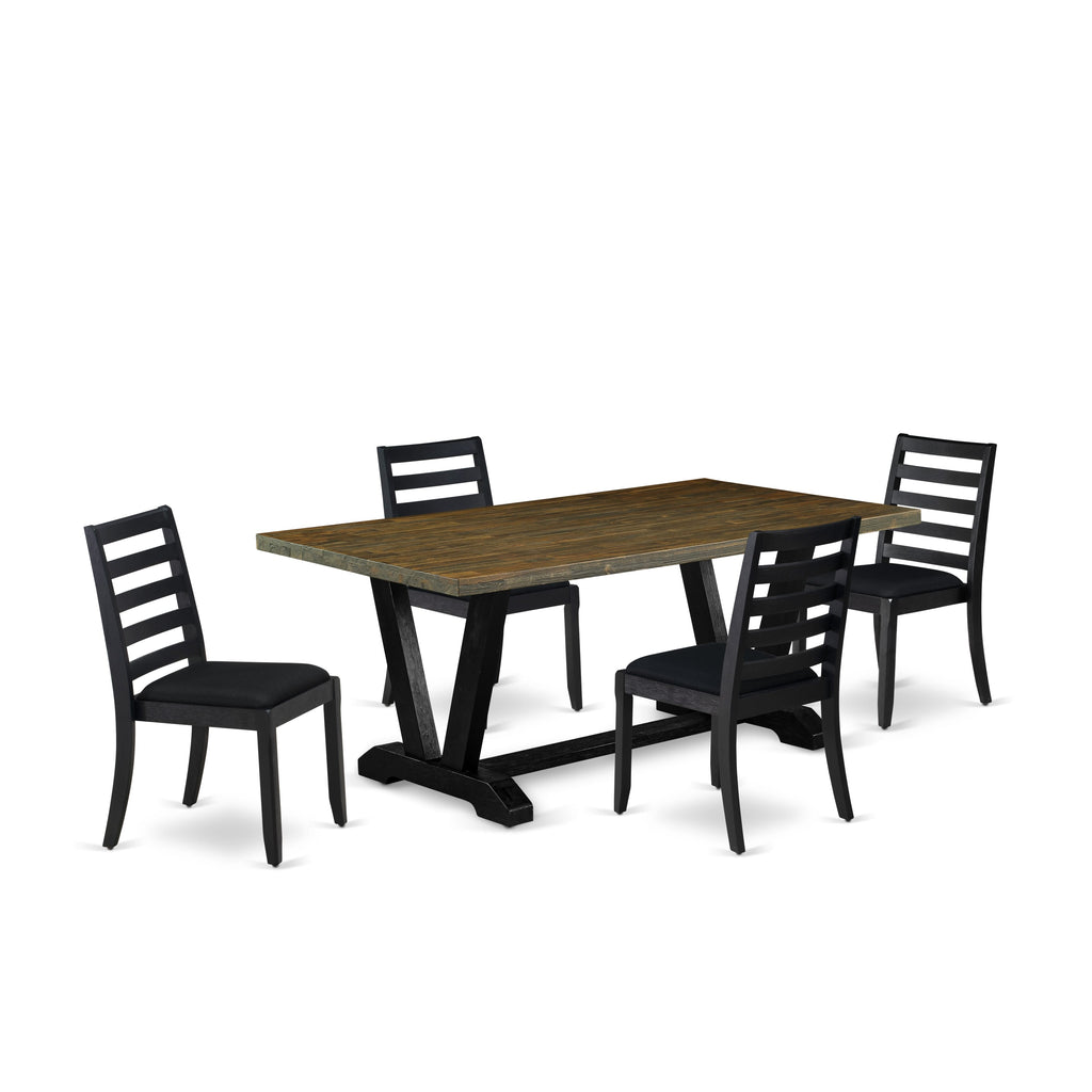 East West Furniture V677X1624-5 - Juego de comedor de 5 piezas compuesto por una mesa de madera con tablero jacobino envejecido y 4 sillas apilables con tela de lino negro - Negro cepillado con alambre