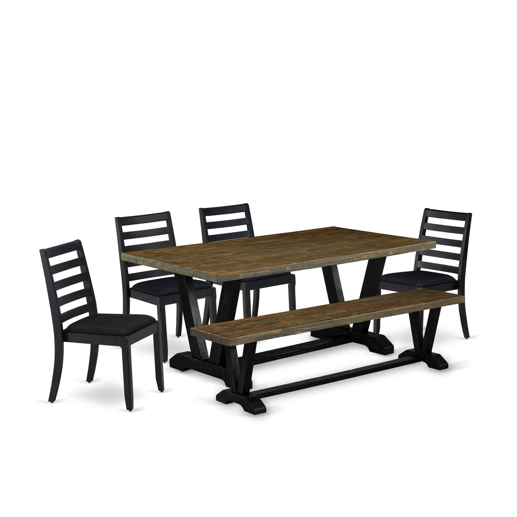 East West Furniture V677X1624-6 - Juego de cocina de mediados de siglo de 6 piezas que consta de una mesa y un banco con tablero jacobino envejecido y 4 sillas de comedor apilables con tela de lino negro - Negro cepillado con alambre