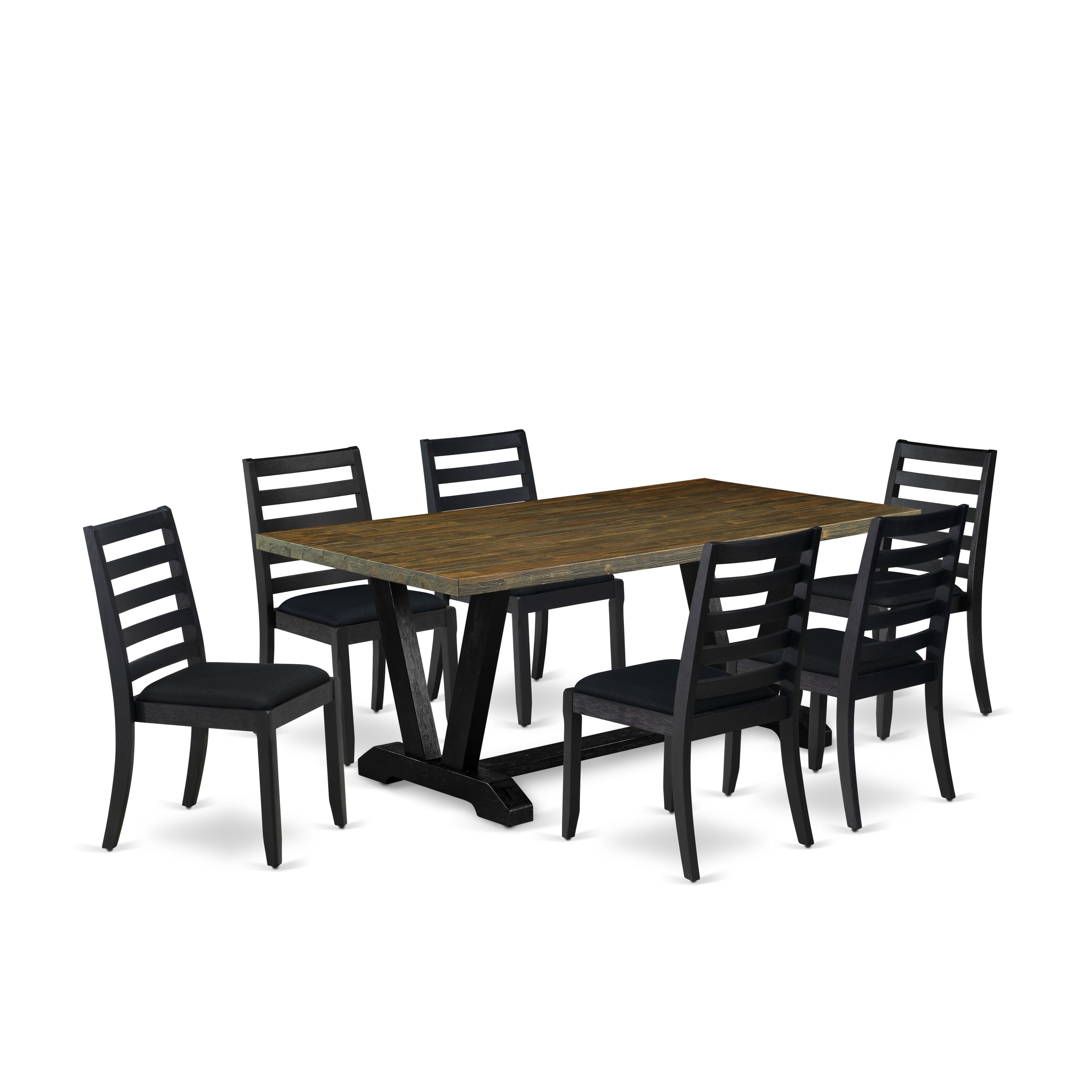V677X1624-7 - 7-pc dining table set - a dining table & 6 stackable wooden chairs with Black Linen Fabric - Wire-brushed Black