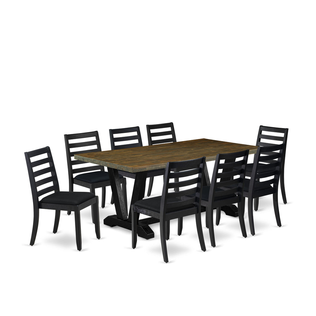 East West Furniture V677X1624-9 - Juego de comedor moderno de 9 piezas compuesto por una mesa de comedor con tablero jacobino envejecido y 8 sillas de cocina apilables con tela de lino negro - Negro cepillado con alambre