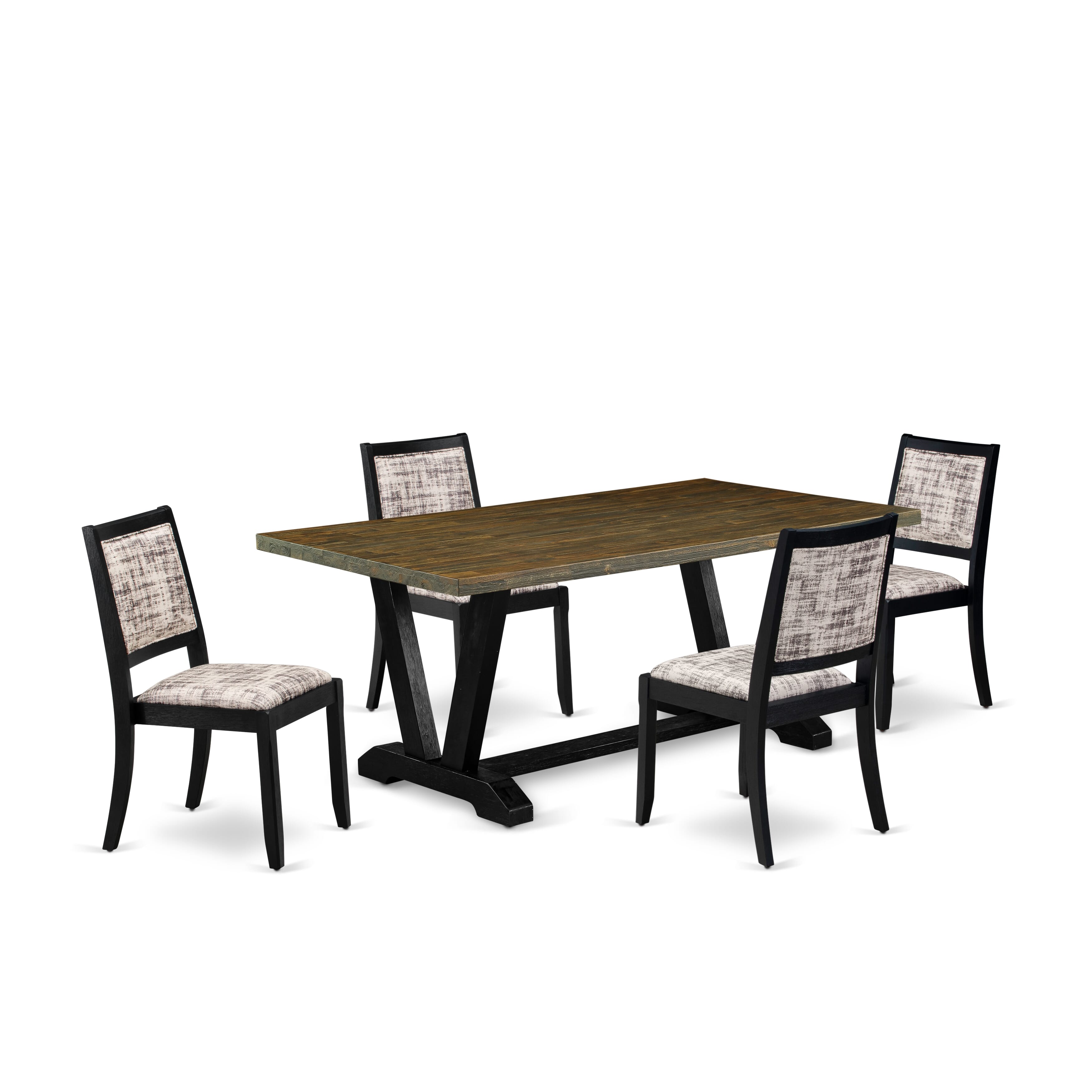 V677X2630-5 - 5-pc dining set - a dining table & 4 stackable chairs with White and Gray Pattern Faux Leather Fabric - Wire-brushed Black