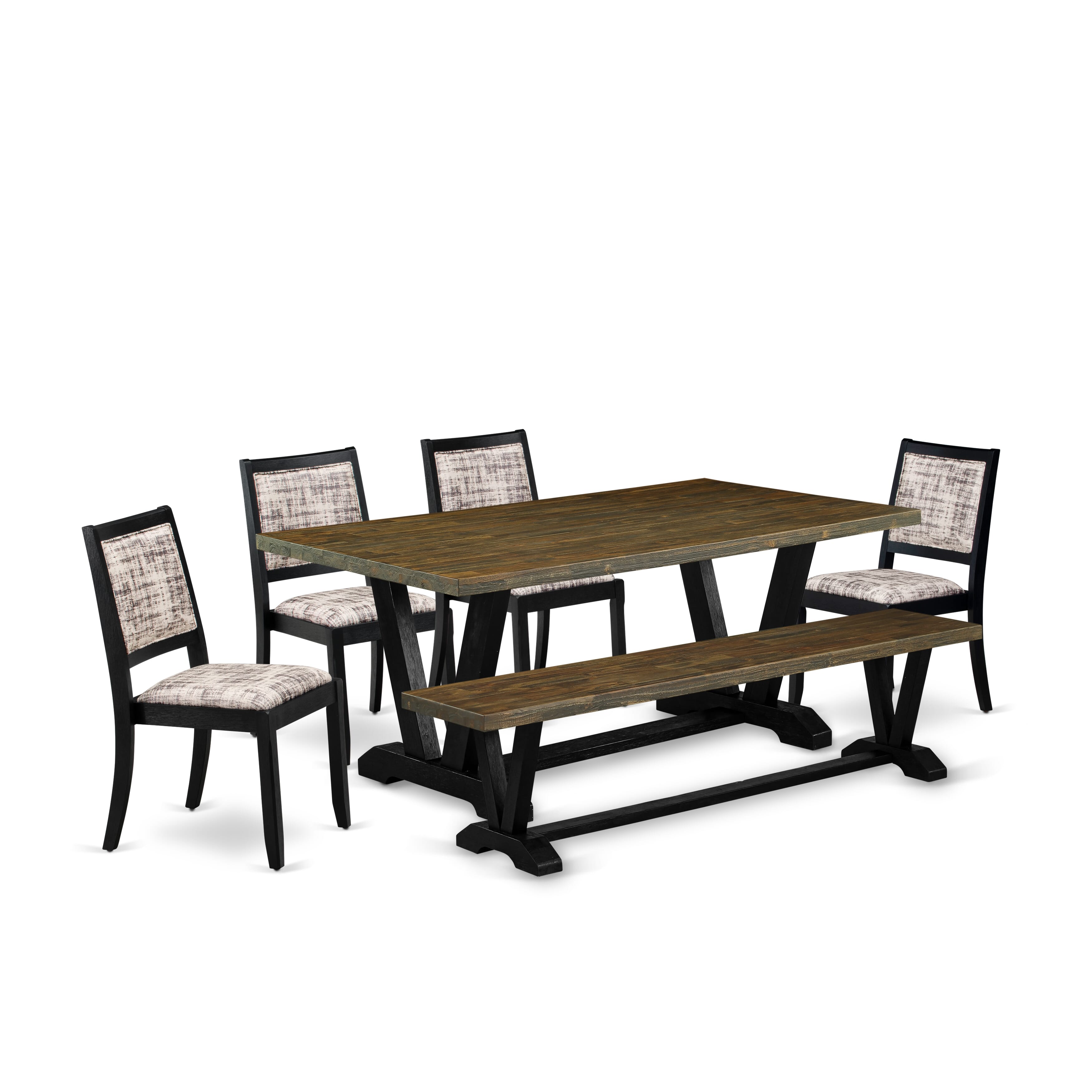 V677X2630-6 - 6-pc dining set - a table, a bench & 4 stackable chairs with White & Gray Pattern Faux Leather Fabric - Wire-brushed Black