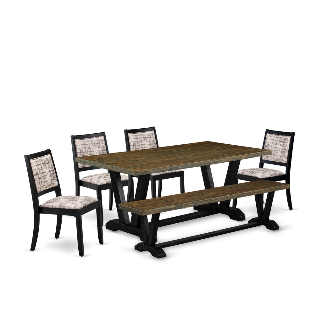 East West Furniture V677X2630-6 - 6-pc dining set consists of a wooden table & a bench with Distressed Jacobean top & 4 stackable chairs with White and Gray Pattern Faux Leather - Wire-brushed Black