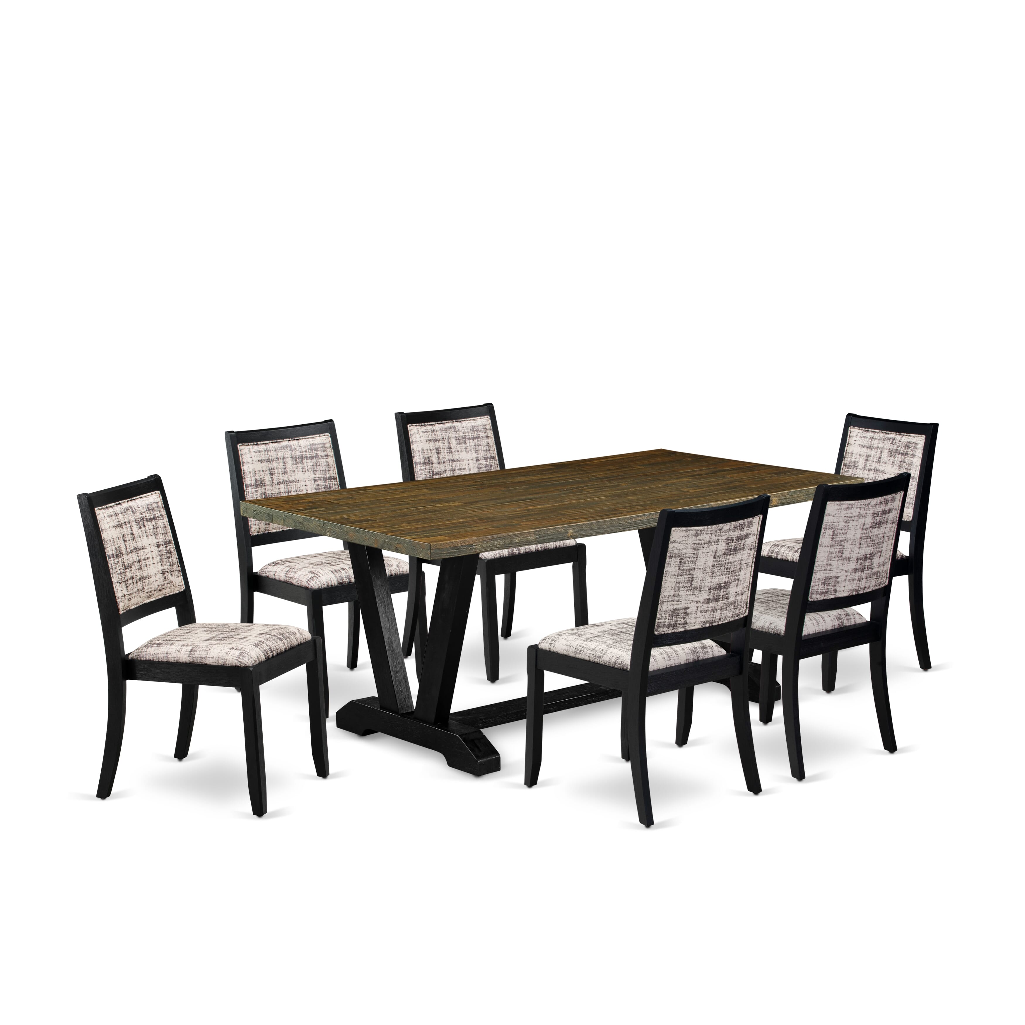 V677X2630-7 - 7-pc dining set - a dinner table & 6 stackable chairs with White and Gray Pattern Faux Leather Fabric - Wire-brushed Black