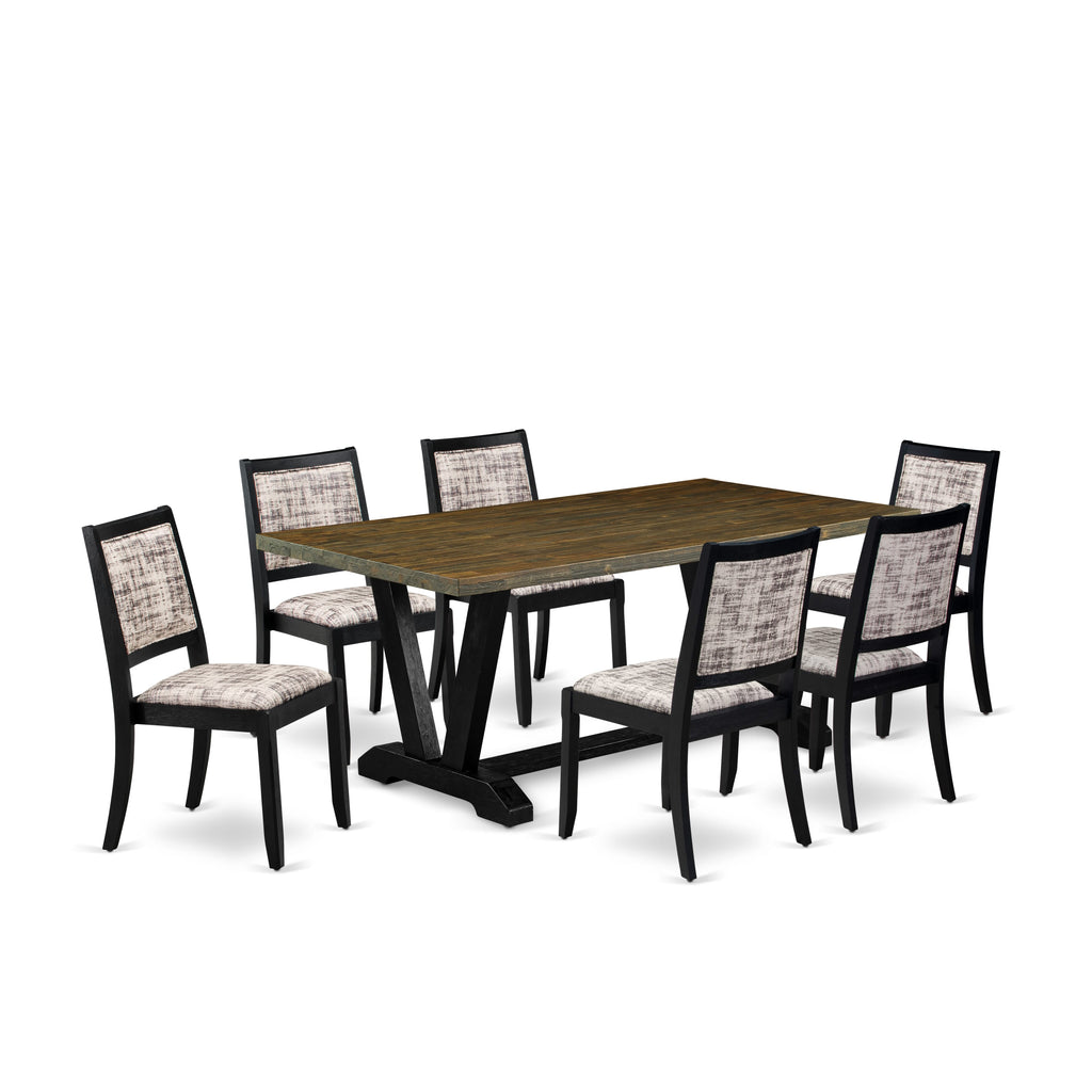 East West Furniture V677X2630-7 - 7-piece dining set consists of a dinner table with Distressed Jacobean top and 6 stackable chairs with White and Gray Pattern Faux Leather - Wire-brushed Black