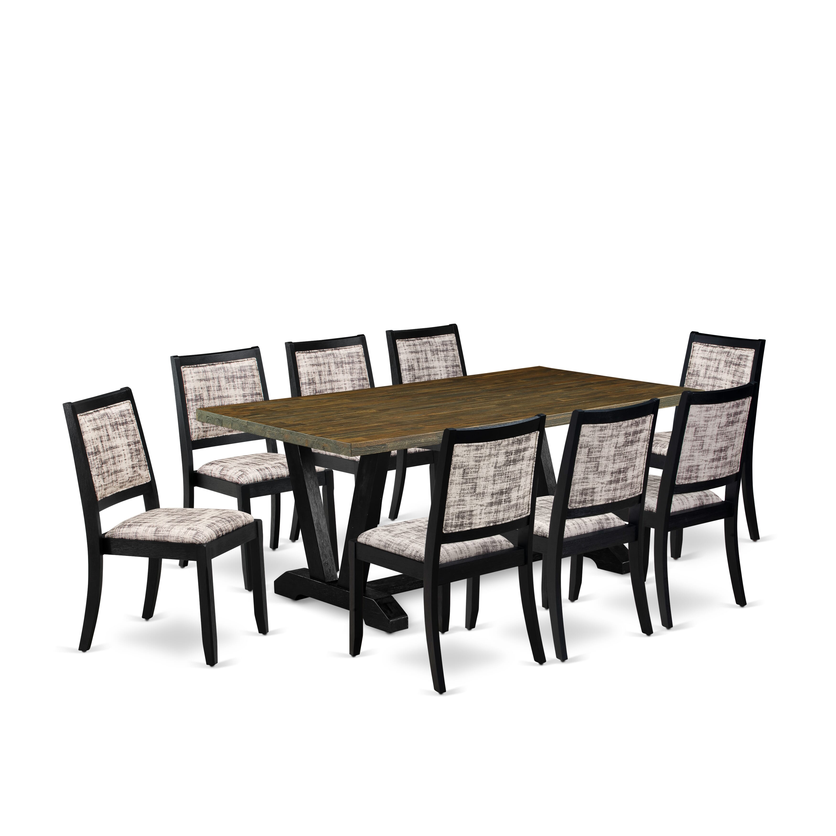 V677X2630-9 - 9-pc kitchen set - a dining table & 8 stackable chairs with White & Gray Pattern Faux Leather Fabric - Wire-brushed Black