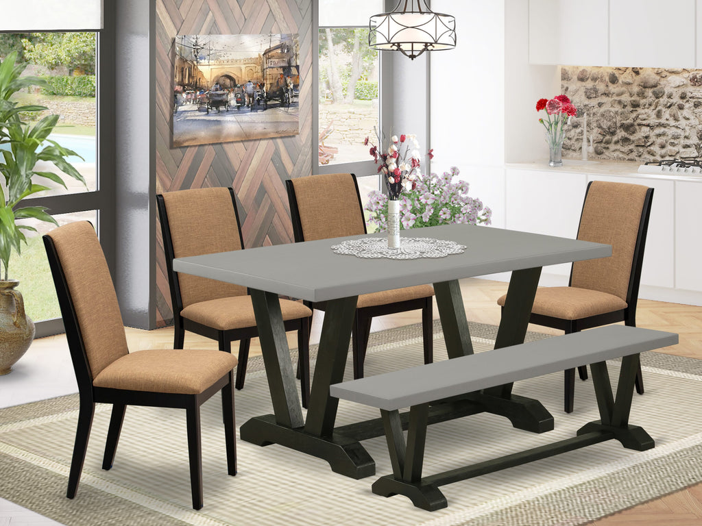 East West Furniture V696LA147-6 6-Piece Dining Room Table Set with Dining Table and Wood Bench - 4 Linen Fabric Parson dining room chairs (Wire Brushed Black Finish)