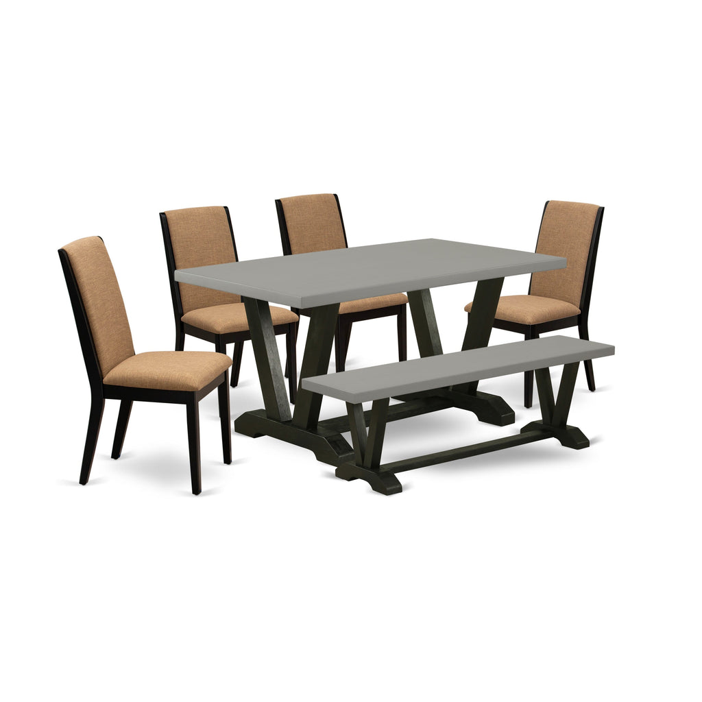 East West Furniture V696LA147-6 6-Piece Dining Room Table Set with Dining Table and Wood Bench - 4 Linen Fabric Parson dining room chairs (Wire Brushed Black Finish)