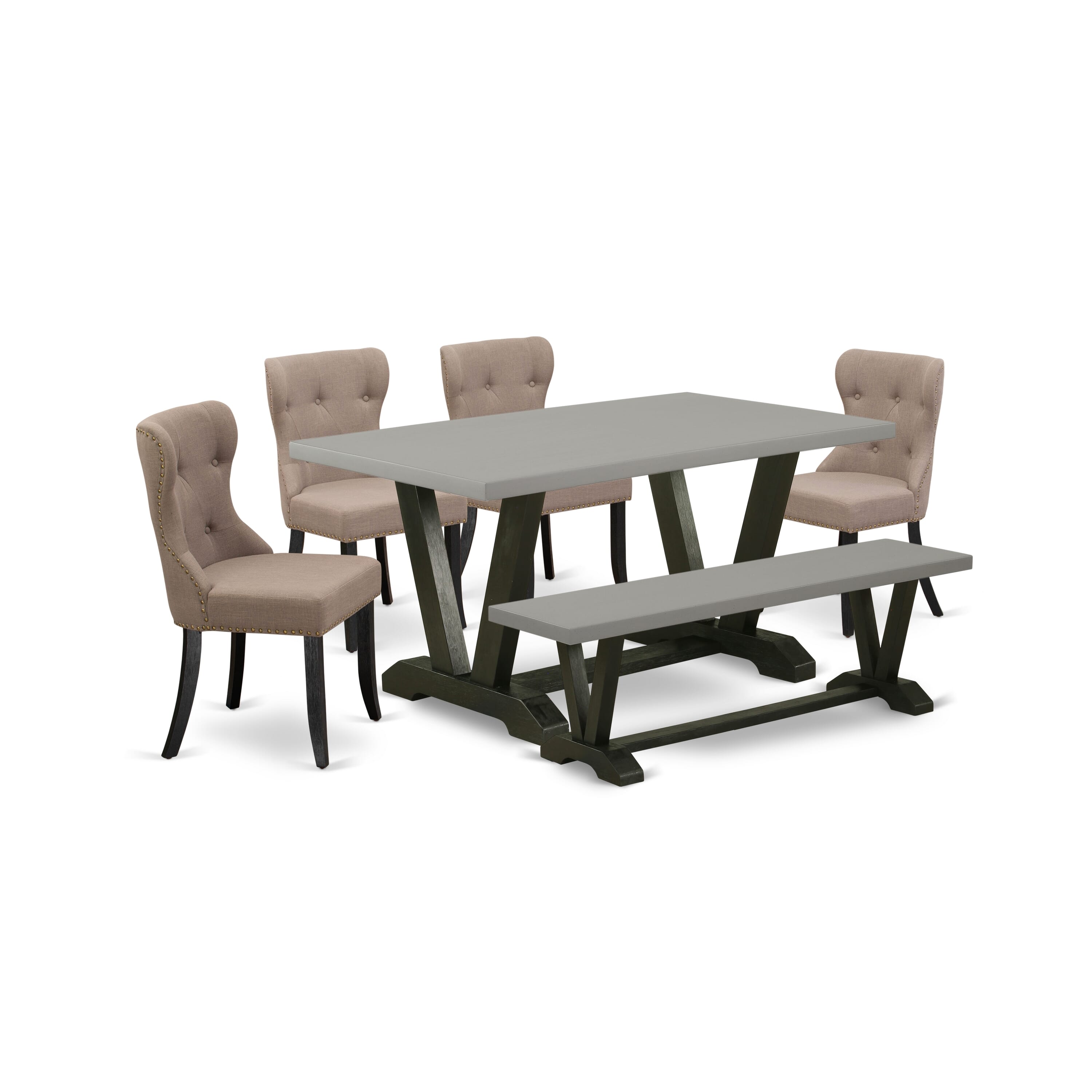 East West Furniture 6-Piece Kitchen Dining Room Set- 4 Mid Century Dining Chairs with Coffee Linen Fabric Seat and Button Tufted Chair Back - Rectangular top & Wooden Legs Kitchen Table and Dining Room Bench - Cement and Wire Brushed Black Finish