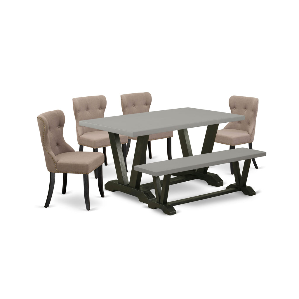 East West Furniture 6-Piece Kitchen Dining Room Set- 4 Mid Century Dining Chairs with Coffee Linen Fabric Seat and Button Tufted Chair Back - Rectangular top & Wooden Legs Kitchen Table and Dining Room Bench - Cement and Wire Brushed Black Finish