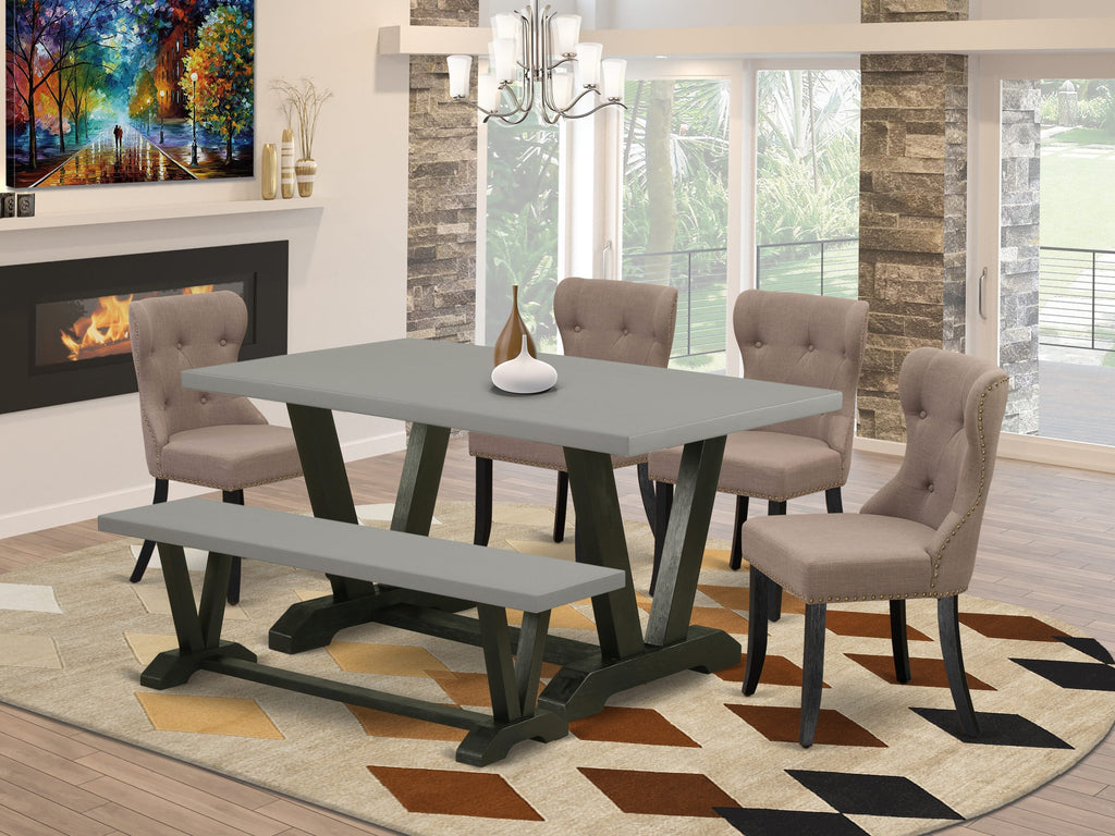 East West Furniture 6-Piece Kitchen Dining Room Set- 4 Mid Century Dining Chairs with Coffee Linen Fabric Seat and Button Tufted Chair Back - Rectangular top & Wooden Legs Kitchen Table and Dining Room Bench - Cement and Wire Brushed Black Finish