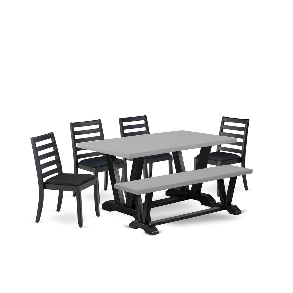 East West Furniture V696X1624-6 - 6-piece dining room set consists of a wooden table and a bench with Cement top and 4 stackable chairs with Black Linen Fabric - Wire-brushed Black