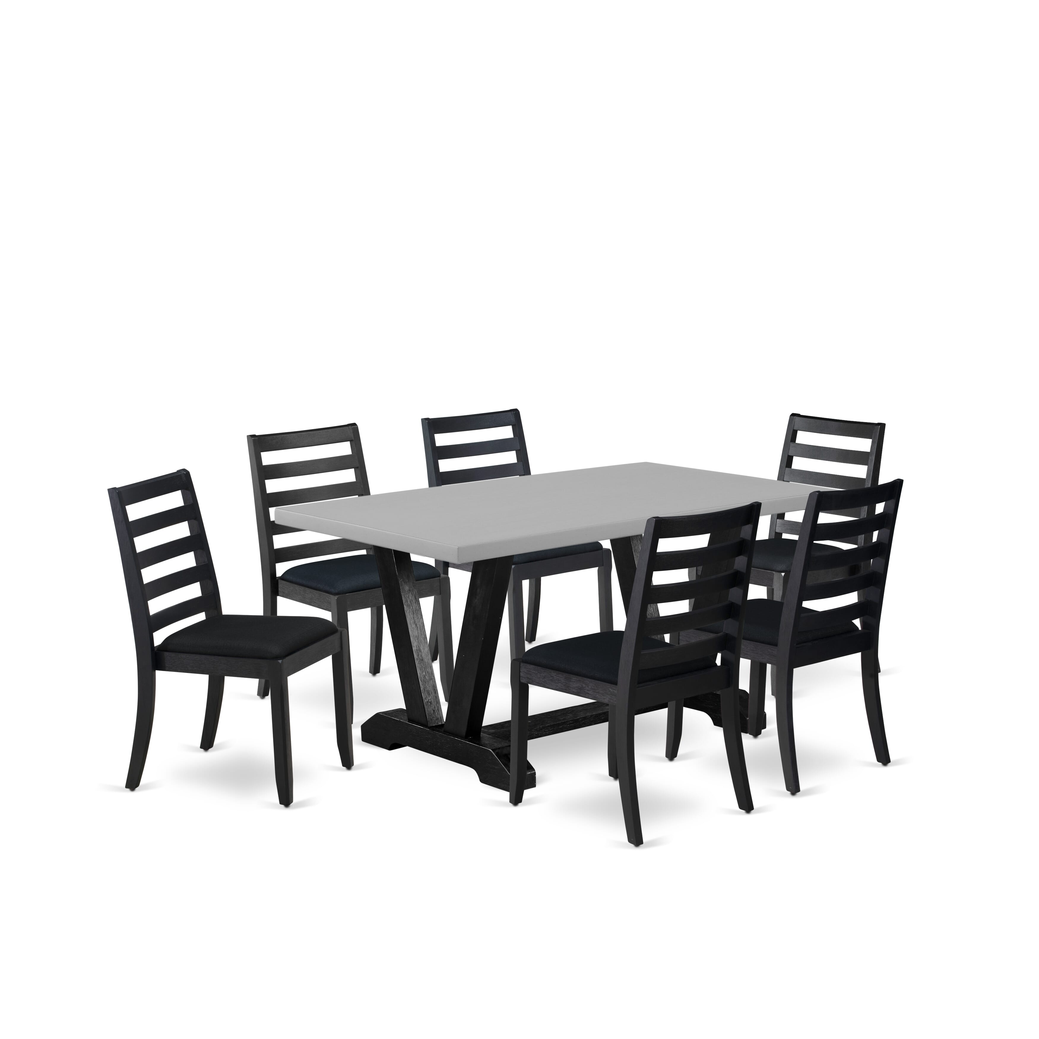 V696X1624-7 - 7-pc dining room set - a dining table & 6 stackable kitchen chairs with Black Linen Fabric - Wire-brushed Black