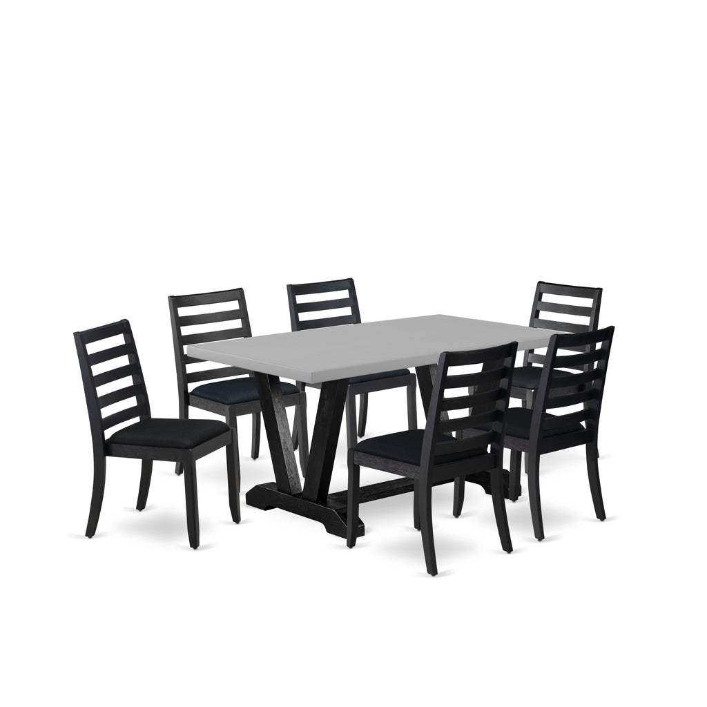 East West Furniture V696X1624-7 - 7-piece dining room set consists of a dining table with Cement top and 6 stackable kitchen chairs with Black Linen Fabric - Wire-brushed Black