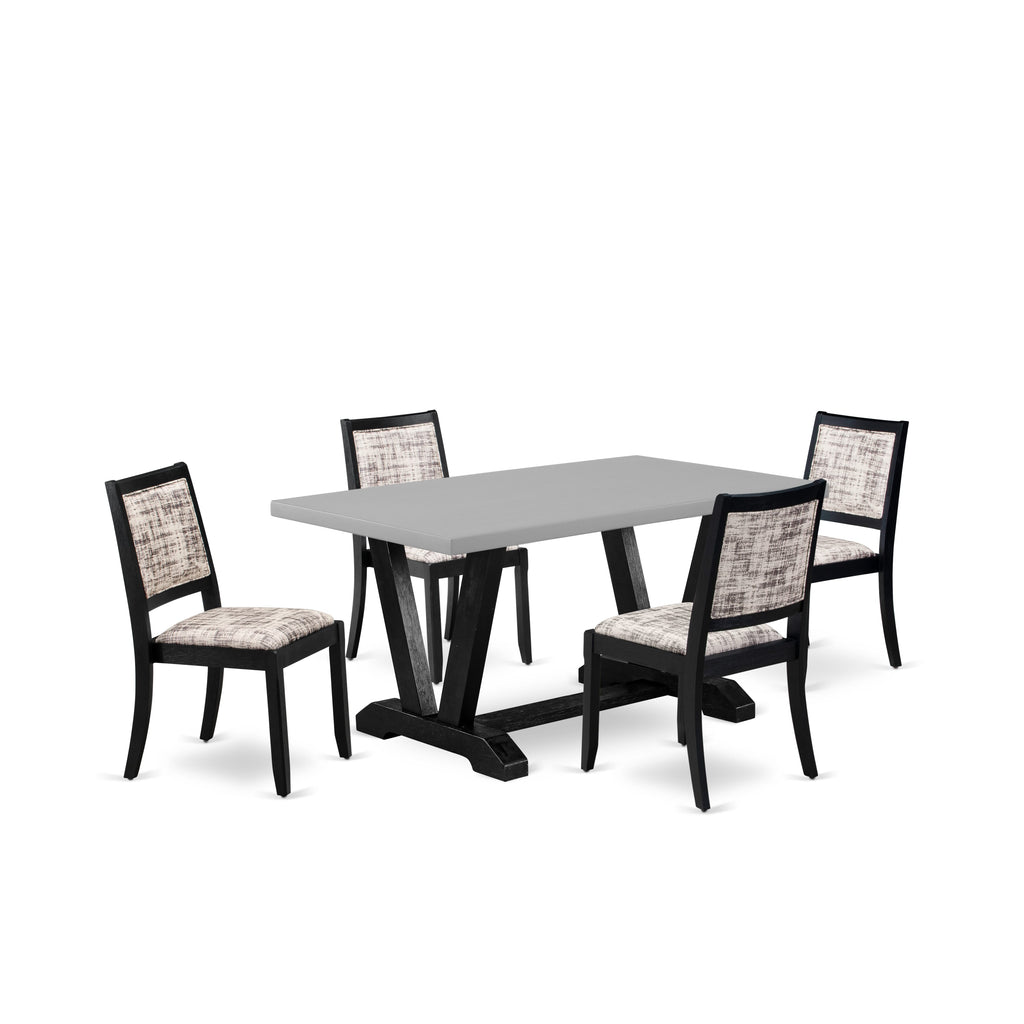 East West Furniture V696X2630-5 - 5-piece modern dining set consists of a dinner table with Cement top and 4 stackable chairs with White and Gray Pattern Faux Leather - Wire-brushed Black