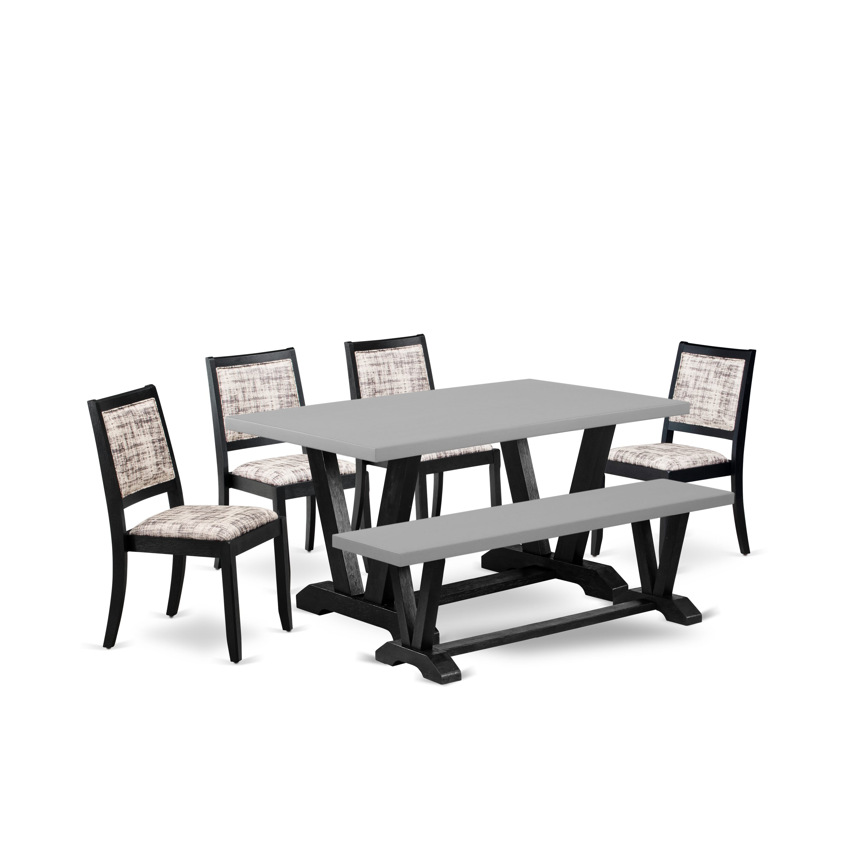 V696X2630-6 - 6-pc kitchen set - a table, a bench & 4 stackable chairs with White & Gray Pattern Faux Leather Fabric - Wire-brushed Black