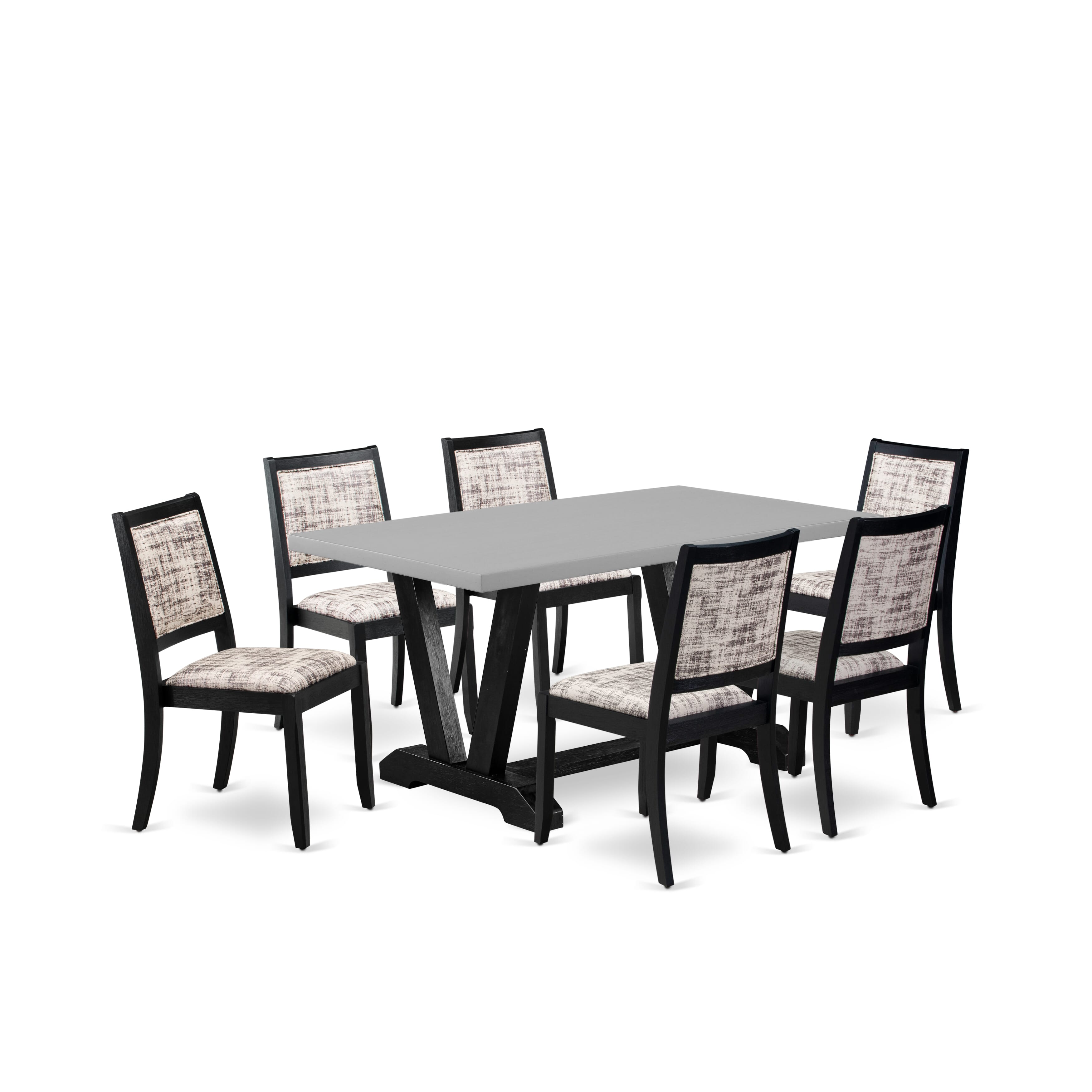 V696X2630-7 - 7-pc dining set - a dining table & 6 stackable chairs with White and Gray Pattern Faux Leather Fabric - Wire-brushed Black