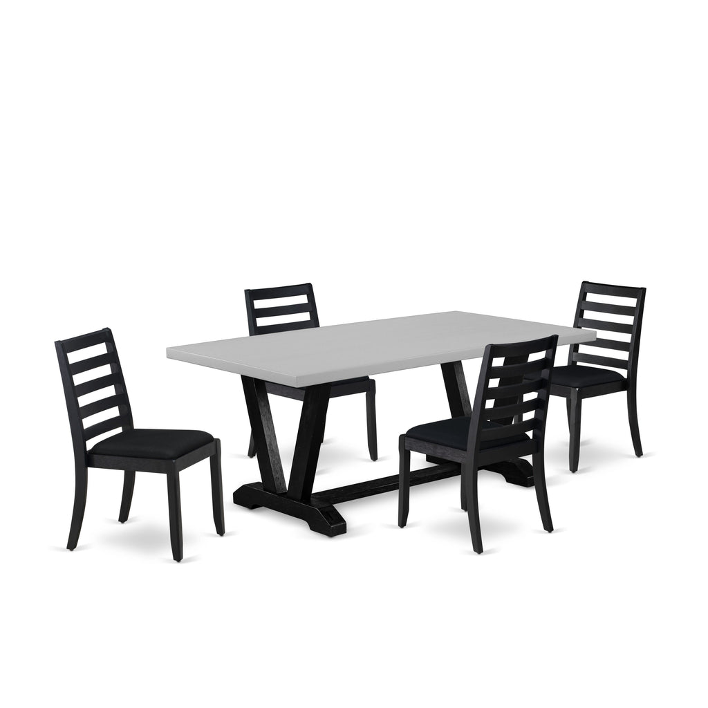 East West Furniture V697X1624-5 - 5-piece kitchen table set consists of a dinner table with Cement top and 4 stackable dining chairs with Black Linen Fabric - Wire-brushed Black