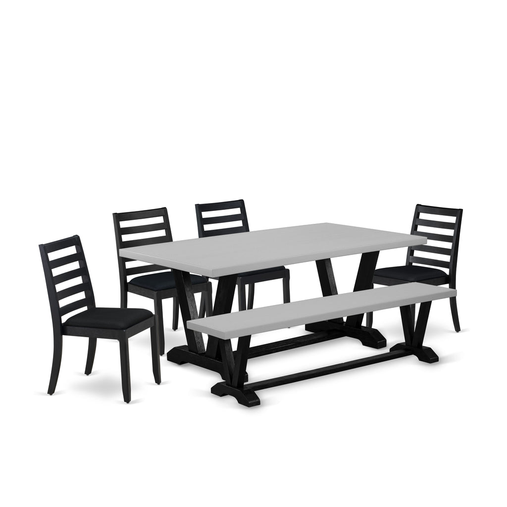 East West Furniture V697X1624-6 - 6-piece dining set consists of a wooden table and a bench with Cement top and 4 stackable kitchen chairs with Black Linen Fabric - Wire-brushed Black