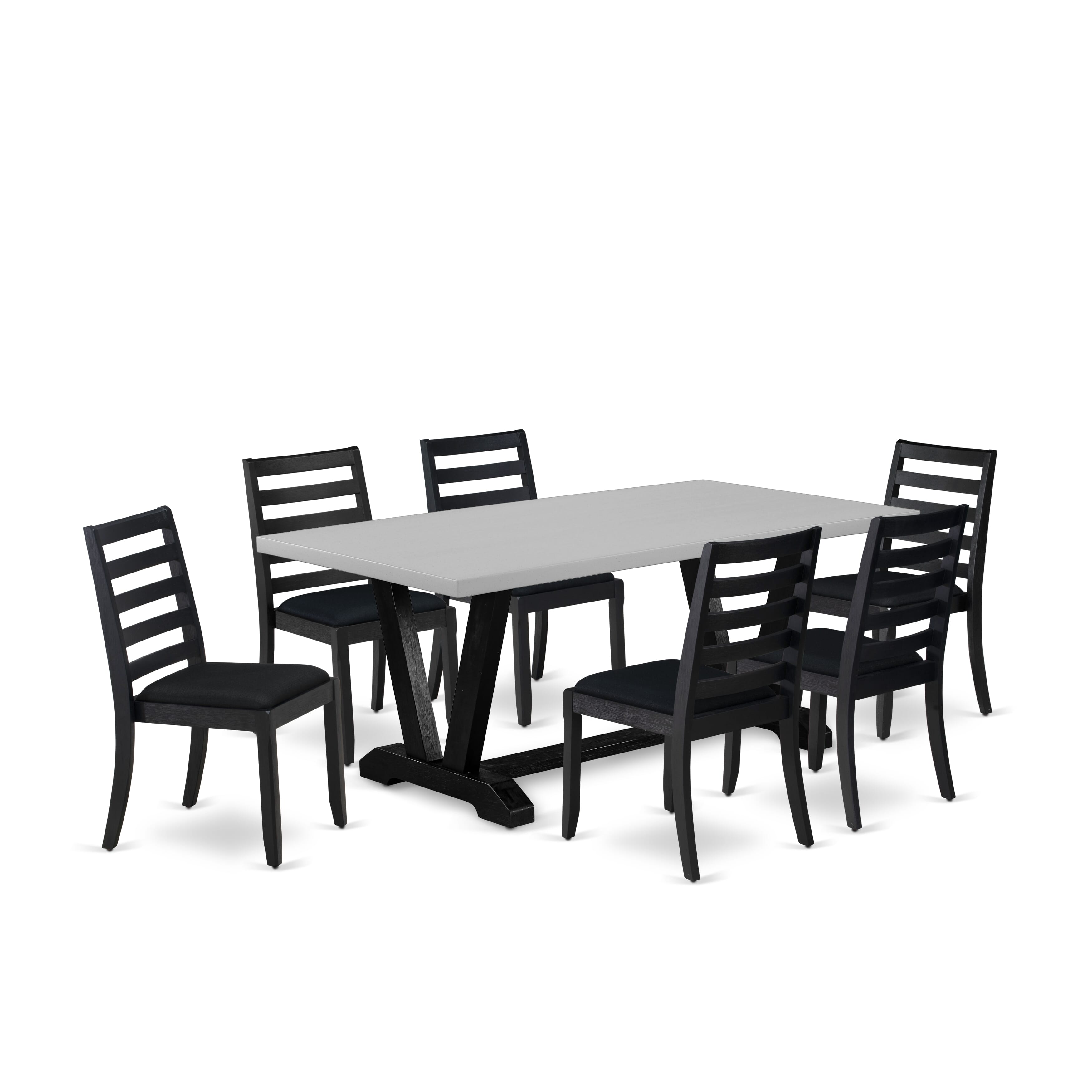 V697X1624-7 - 7-pc mid century kitchen set - a wooden table & 6 stackable chairs with Black Linen Fabric - Wire-brushed Black