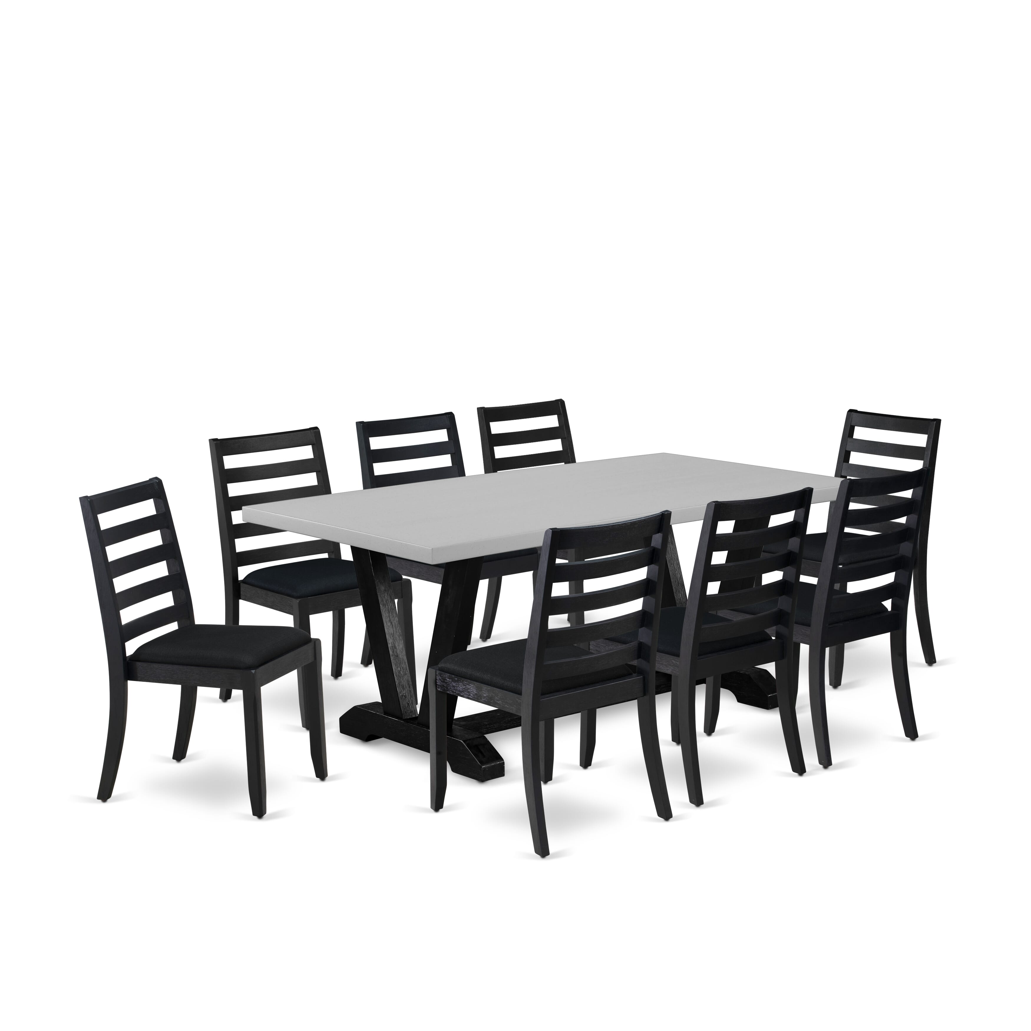 V697X1624-9 - 9-pc dining room set - a wooden table & 8 stackable kitchen chairs with Black Linen Fabric - Wire-brushed Black