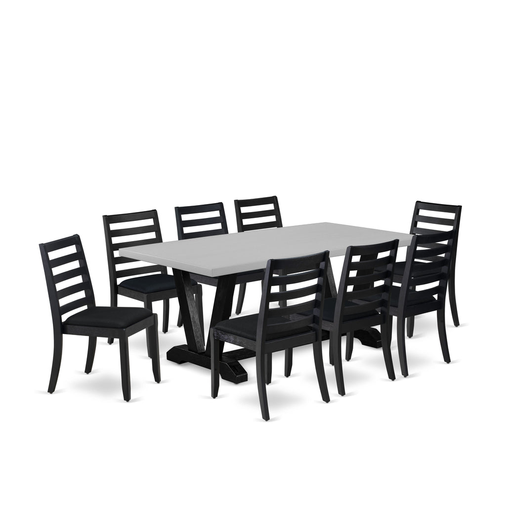 East West Furniture V697X1624-9 - 9-piece dining room set consists of a wooden table with Cement top and 8 stackable kitchen chairs with Black Linen Fabric - Wire-brushed Black