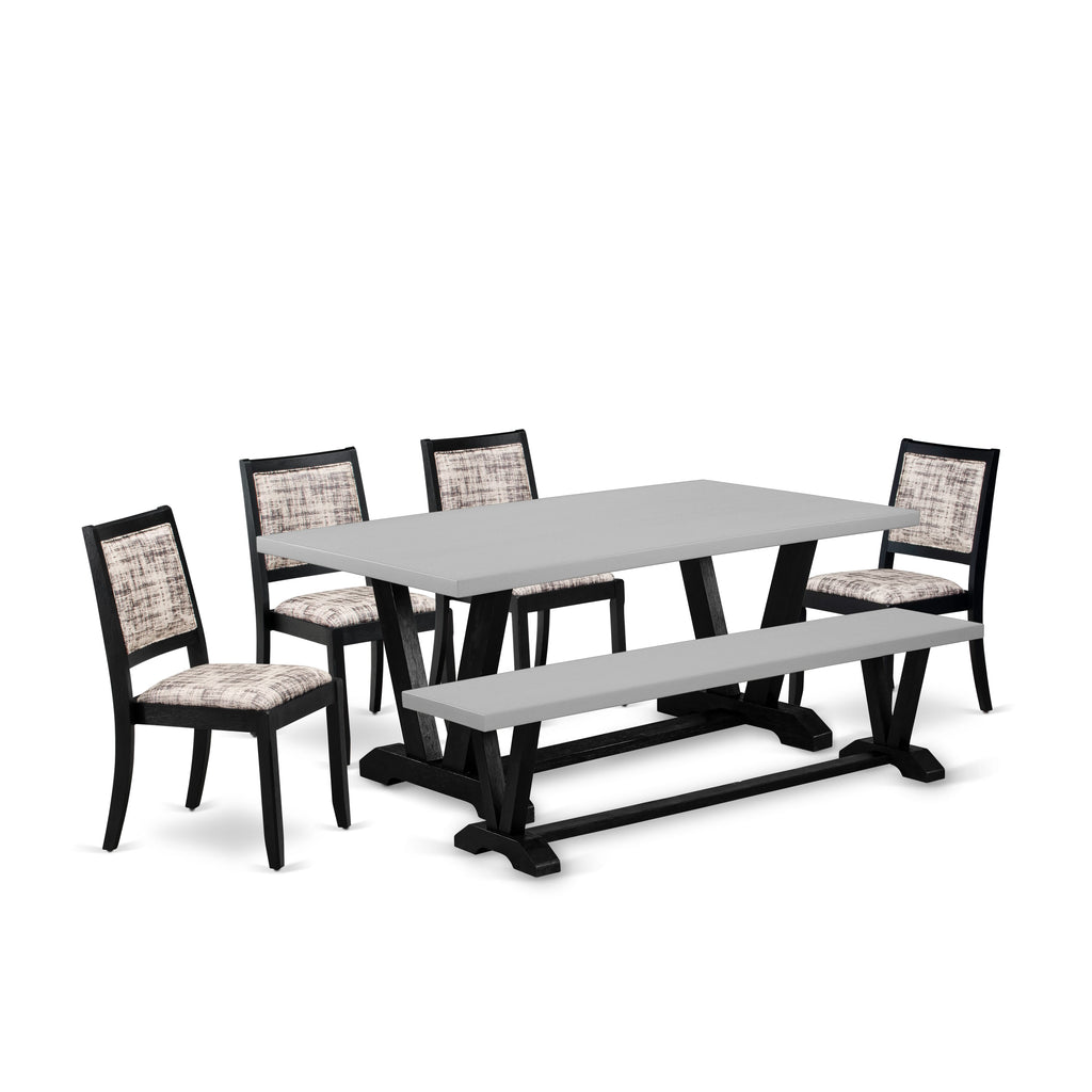 East West Furniture V697X2630-6 - 6-piece dining set consists of a dinner table and a bench with Cement top and 4 stackable chairs with White and Gray Pattern Faux Leather - Wire-brushed Black