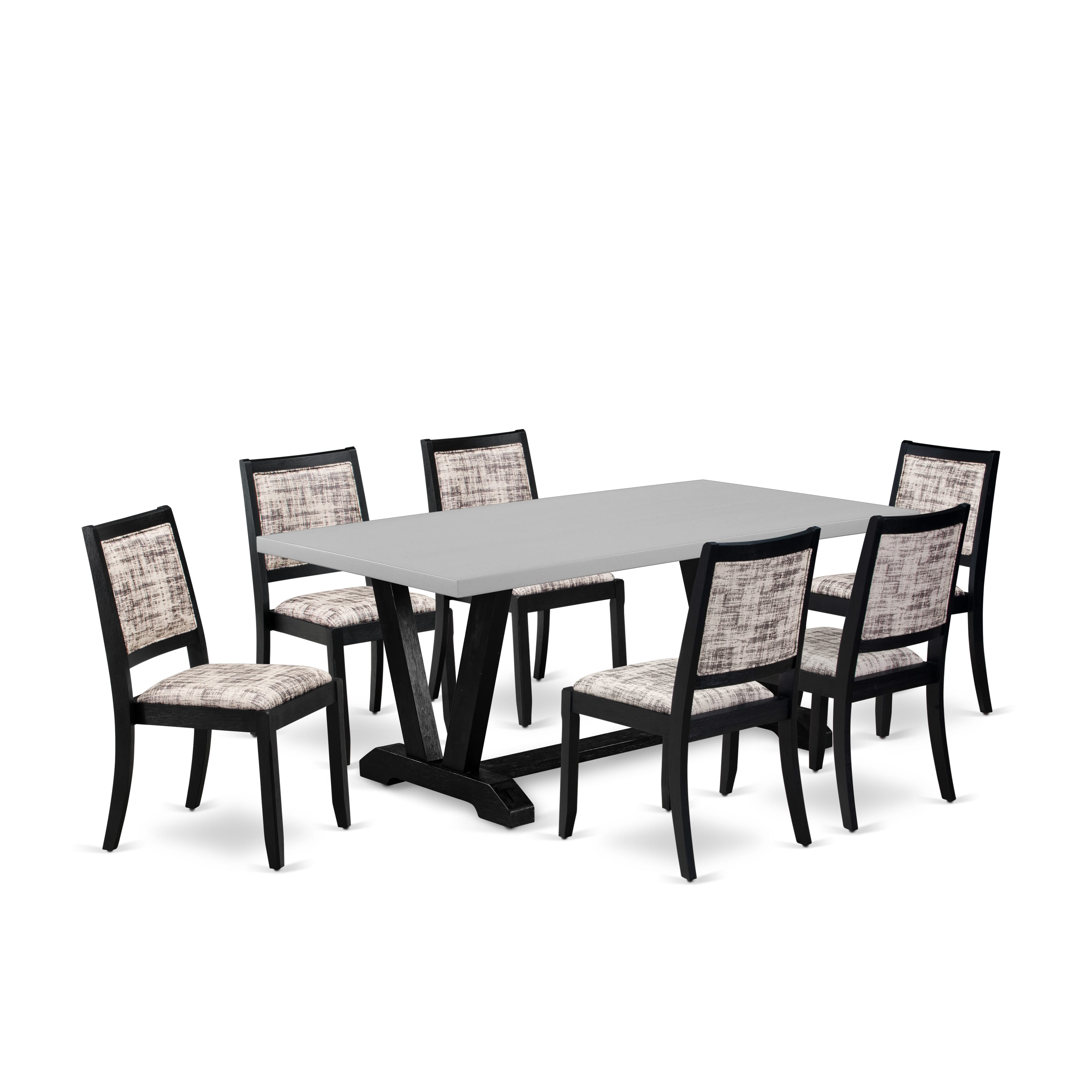 V697X2630-7 - 7-pc dining set - a kitchen table & 6 stackable chairs with White and Gray Pattern Faux Leather Fabric - Wire-brushed Black