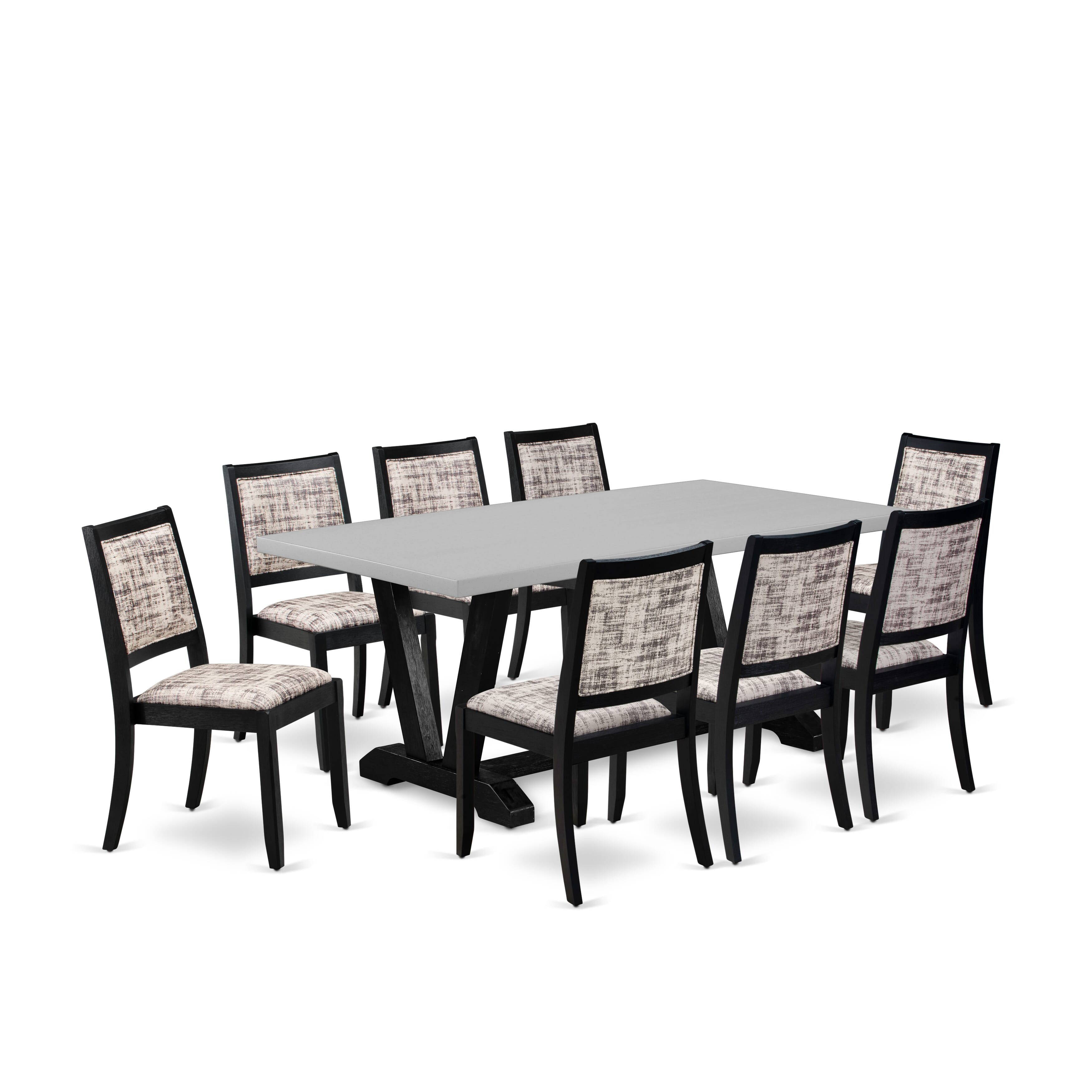 V697X2630-9 - 9-pc kitchen set - a dining table & 8 stackable chairs with White and Gray Pattern Faux Leather Fabric - Wire-brushed Black