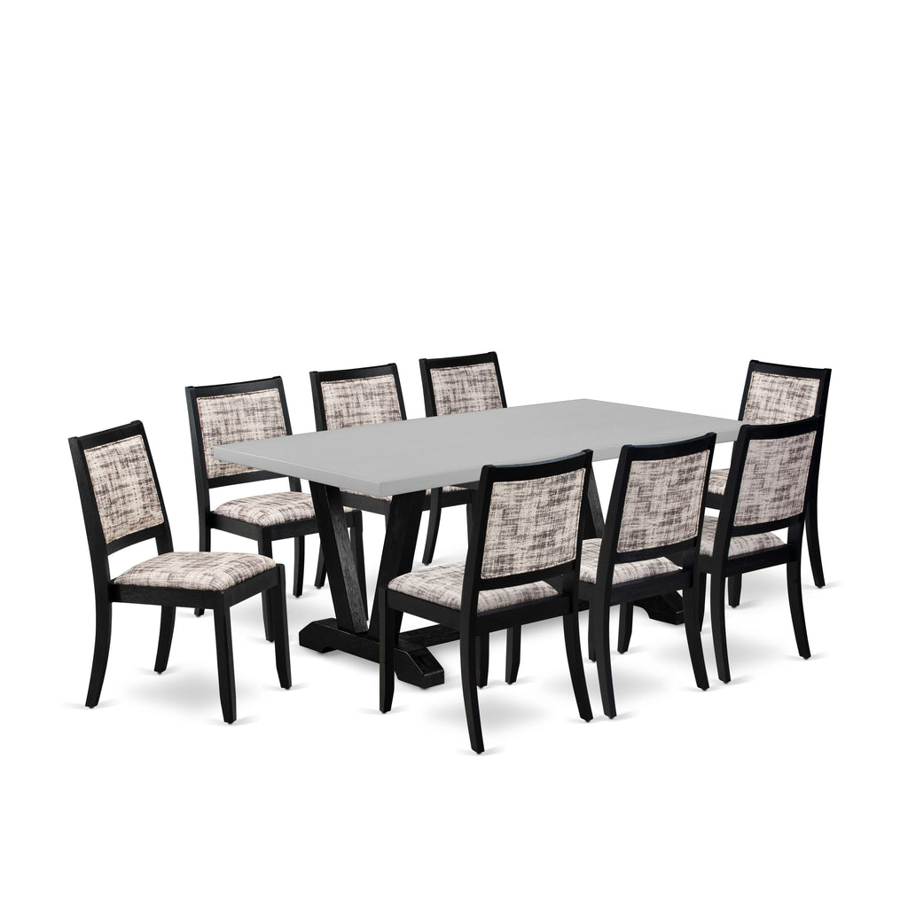 East West Furniture V697X2630-9 - 9-piece mid century kitchen set consists of a dining table with Cement top and 8 stackable chairs with White and Gray Pattern Faux Leather - Wire-brushed Black