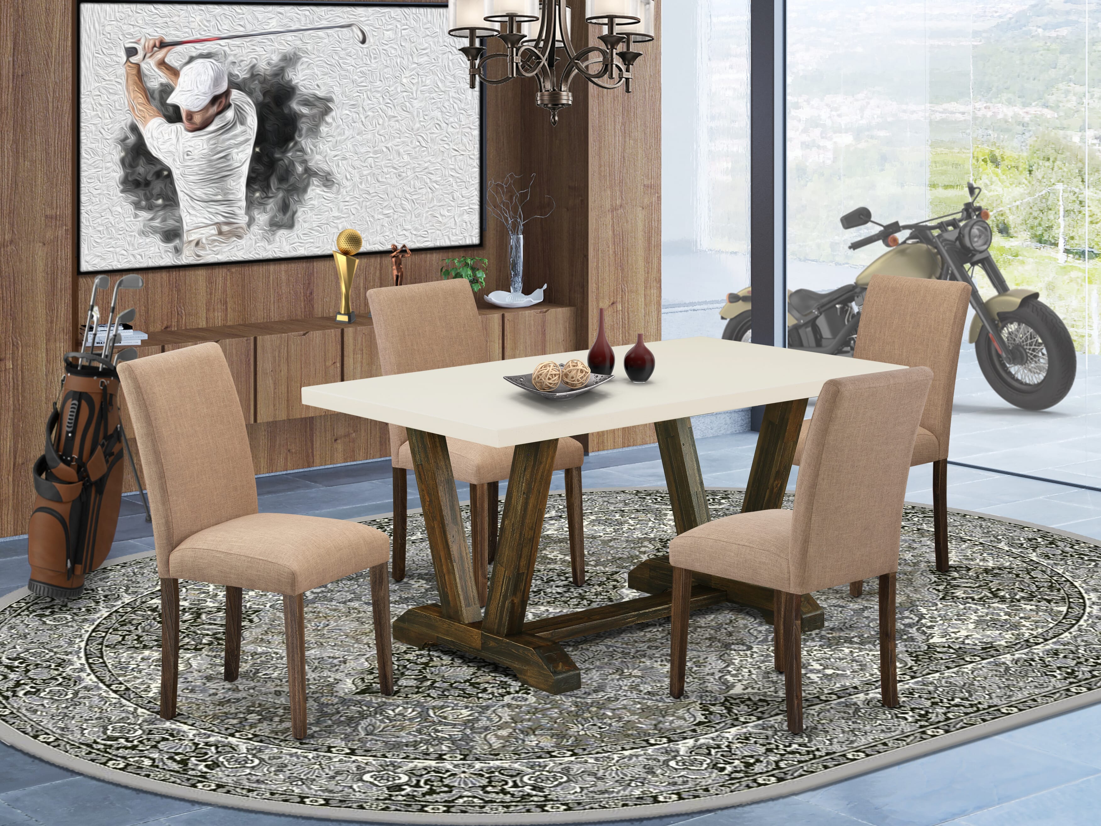 East West Furniture 5-Pc Dining Room Table Set Includes 4 Dining Chairs with Upholstered Seat and High Back and a Rectangular Dining Table - Distressed Jacobean Finish