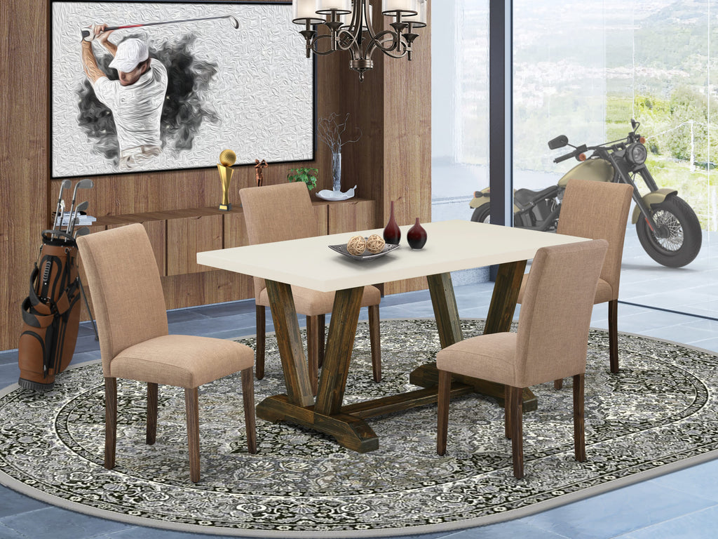 East West Furniture 5-Pc Dining Room Table Set Includes 4 Dining Chairs with Upholstered Seat and High Back and a Rectangular Dining Table - Distressed Jacobean Finish