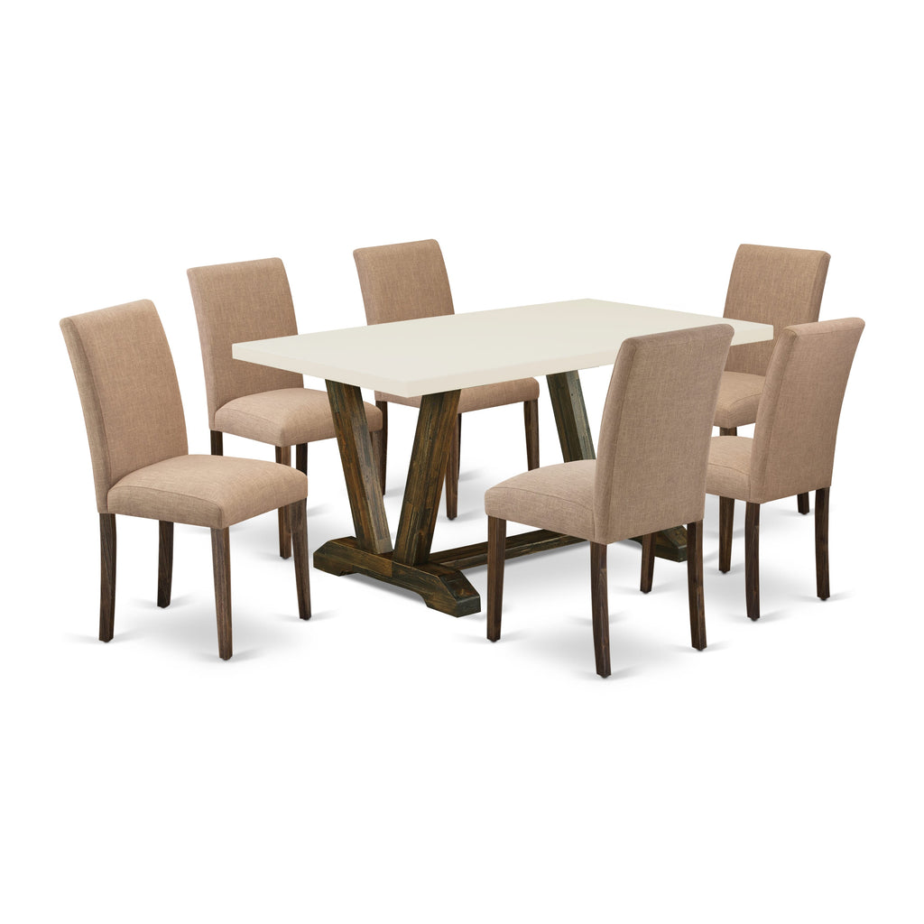East West Furniture 7-Pc wooden dining table set Includes 6 Modern Chairs with Upholstered Seat and High Back and a Rectangular Modern Dining Table - Distressed Jacobean Finish