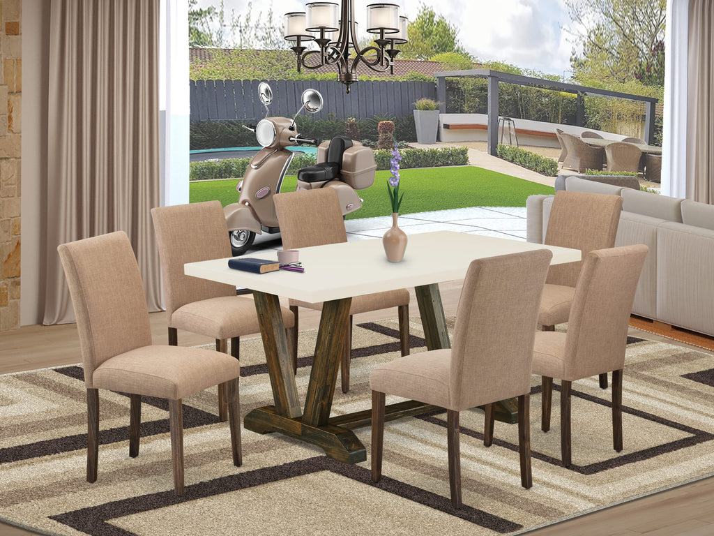 East West Furniture 7-Pc wooden dining table set Includes 6 Modern Chairs with Upholstered Seat and High Back and a Rectangular Modern Dining Table - Distressed Jacobean Finish