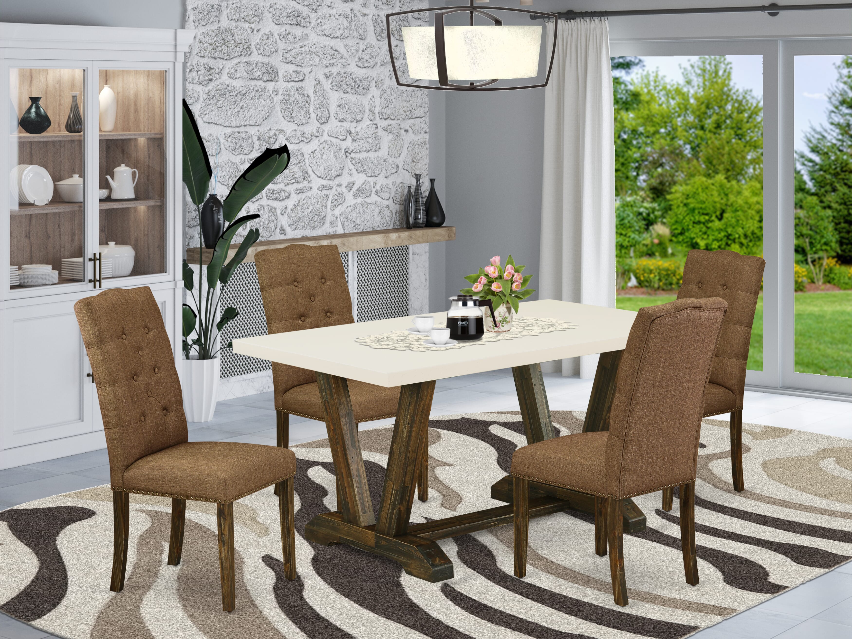 East West Furniture V726EL718-5 5-Pc Dining room SetIncluded 4 Kitchen Dining chairs Upholstered Seat and High Button Tufted Chair Back and Rectangular Mid Century Dining Table with linen white Dining room Table top (Distressed Jacobean Finish)